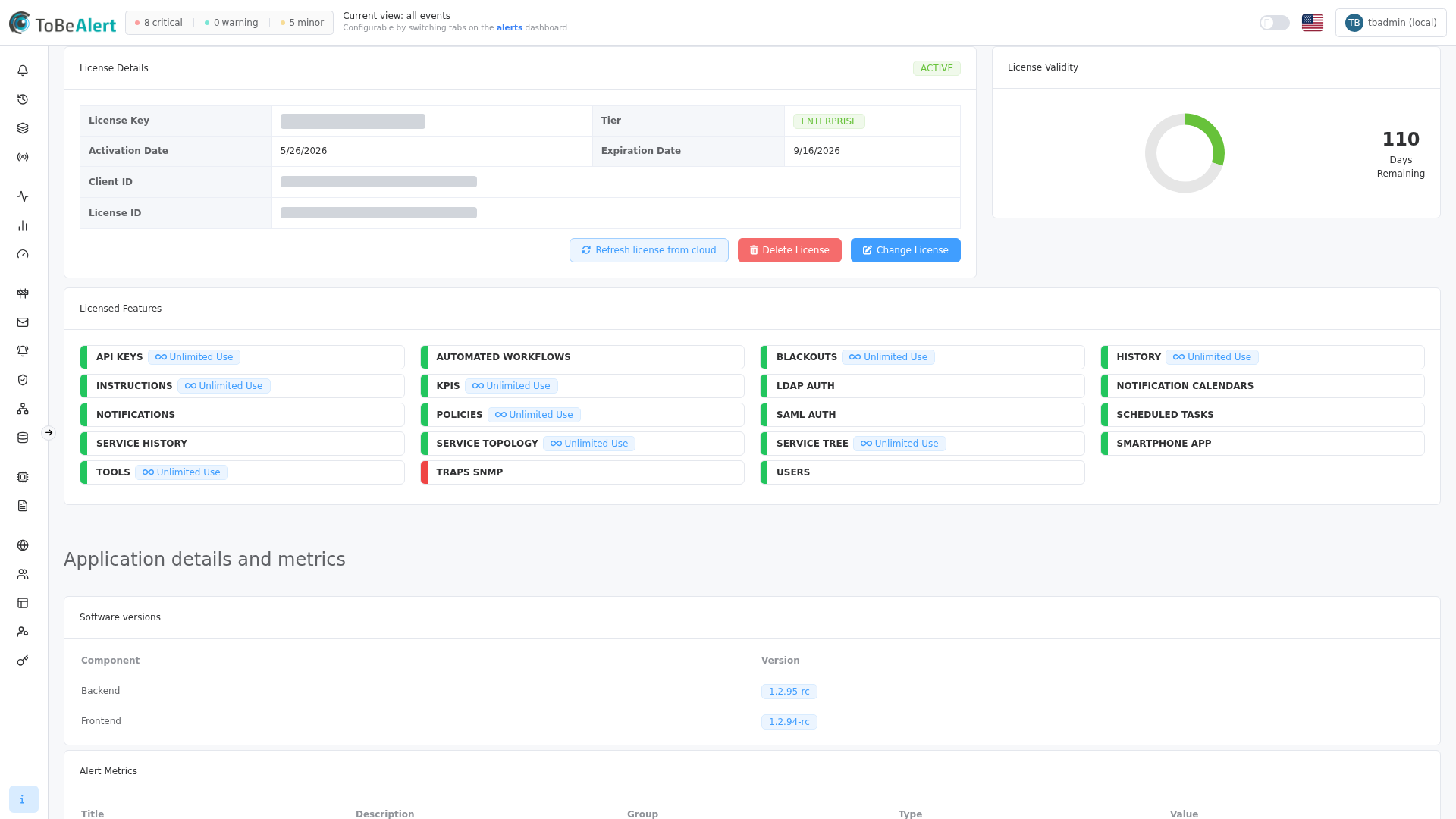 About — application details (license key, client ID, and license ID values redacted in documentation)