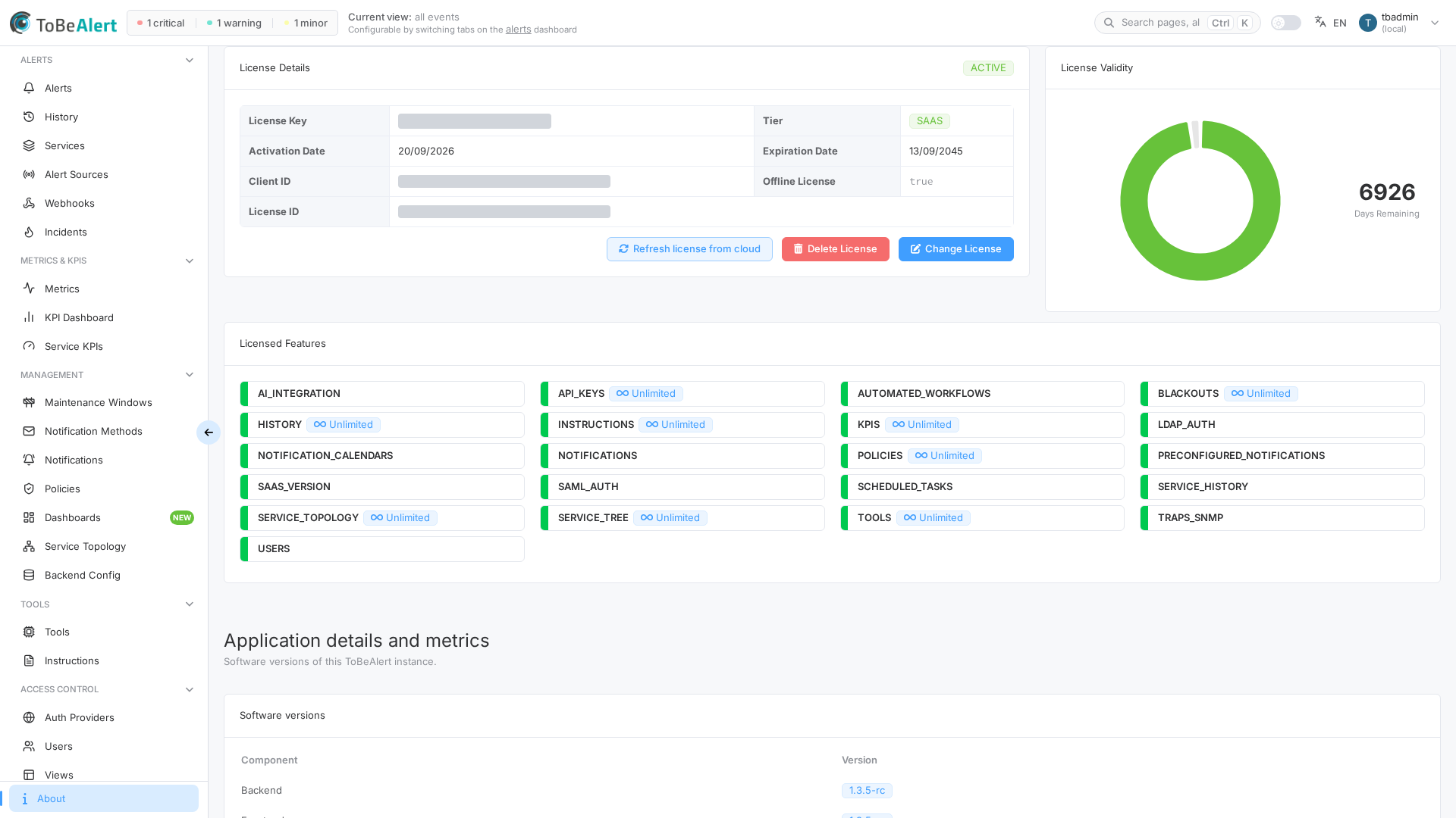About — application details (license key, client ID, and license ID values redacted in documentation)
