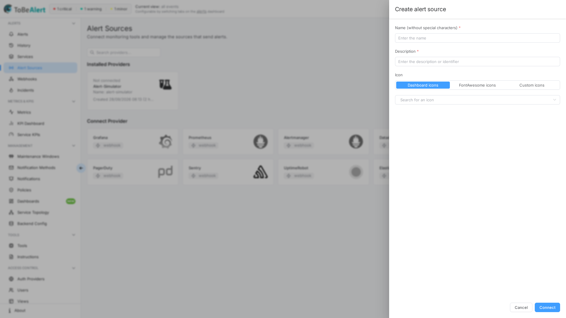 Create alert source — drawer form