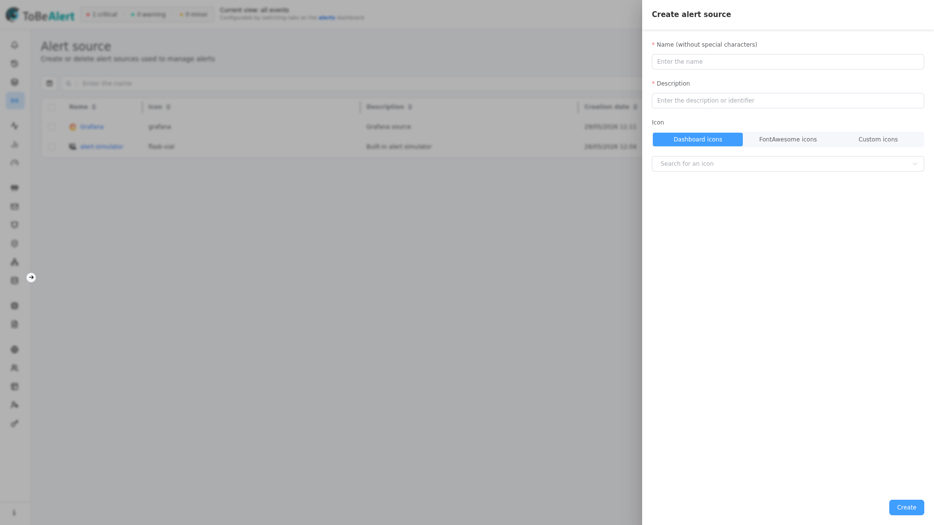 Create alert source — drawer form