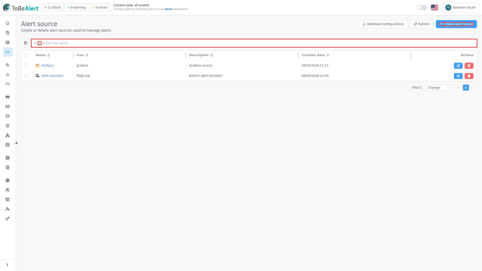 Alert sources list — Create alert source and name search