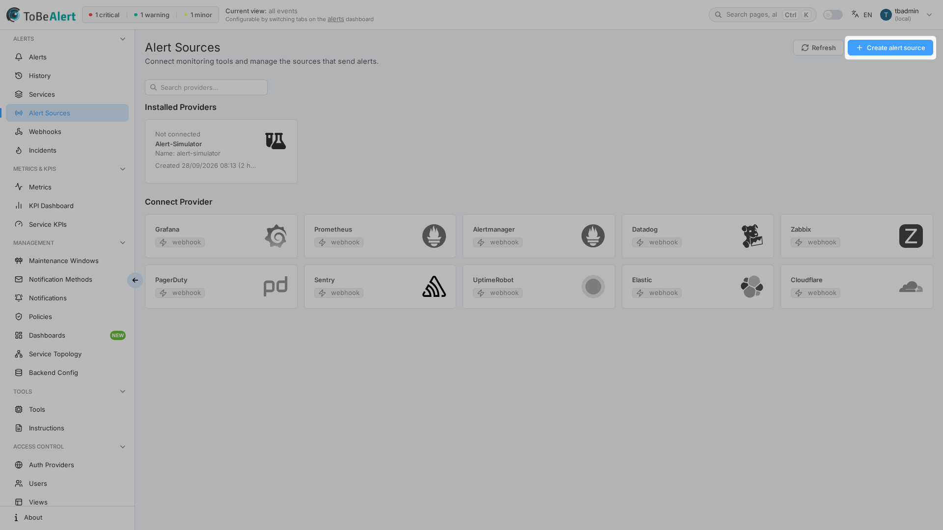 Alert sources list — Create alert source and name search