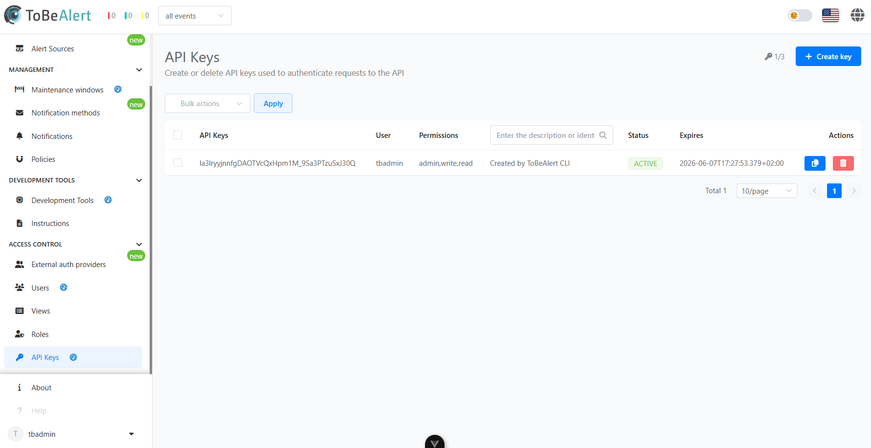 API Keys view