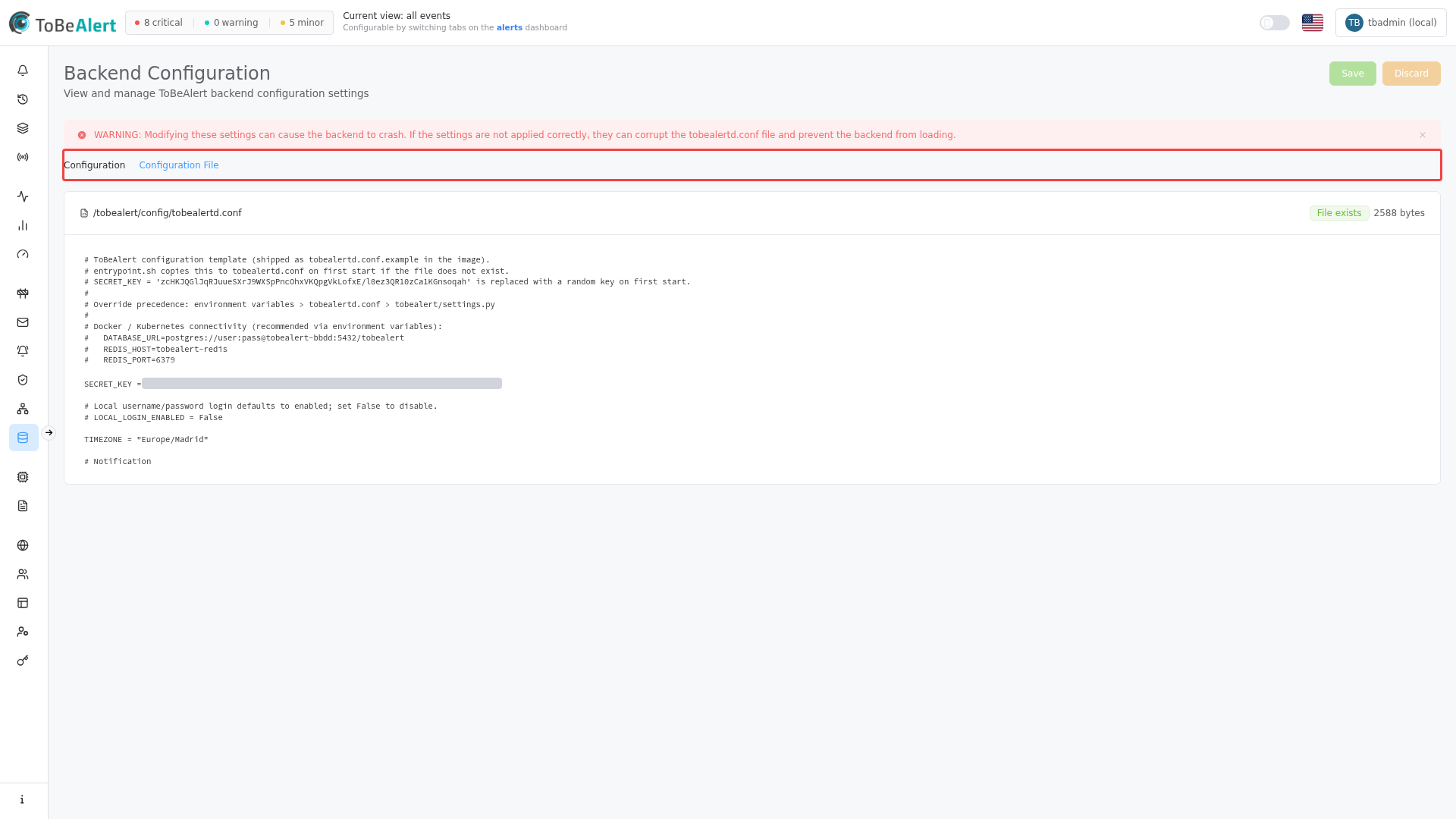 Backend Configuration — Configuration File tab with path and content