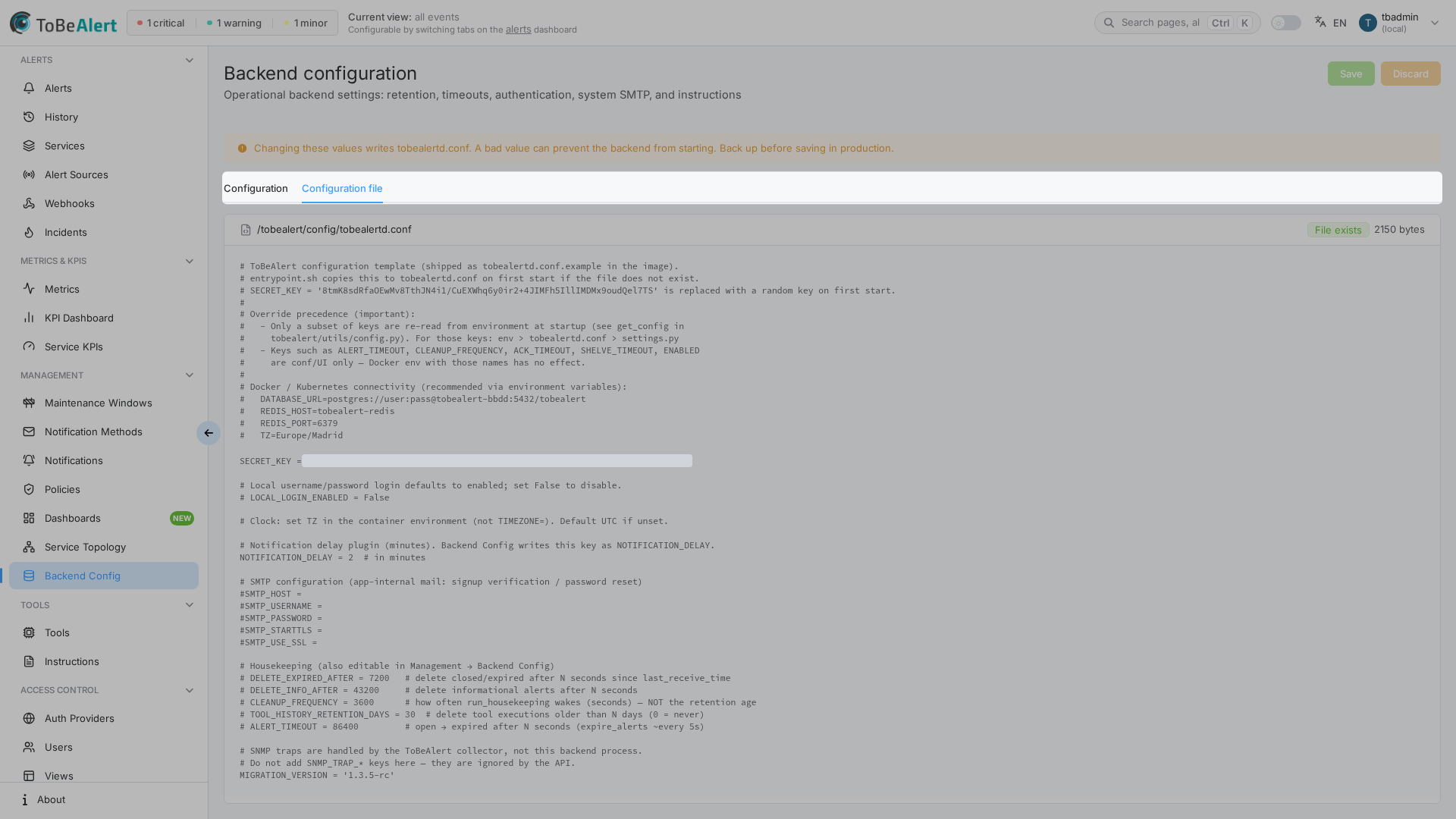 Backend Configuration — Configuration File tab with path and content