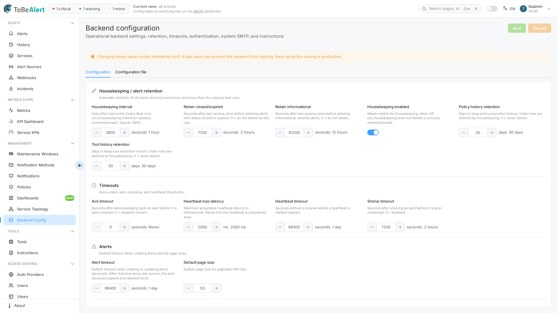 Backend Configuration — all categories on the Configuration tab