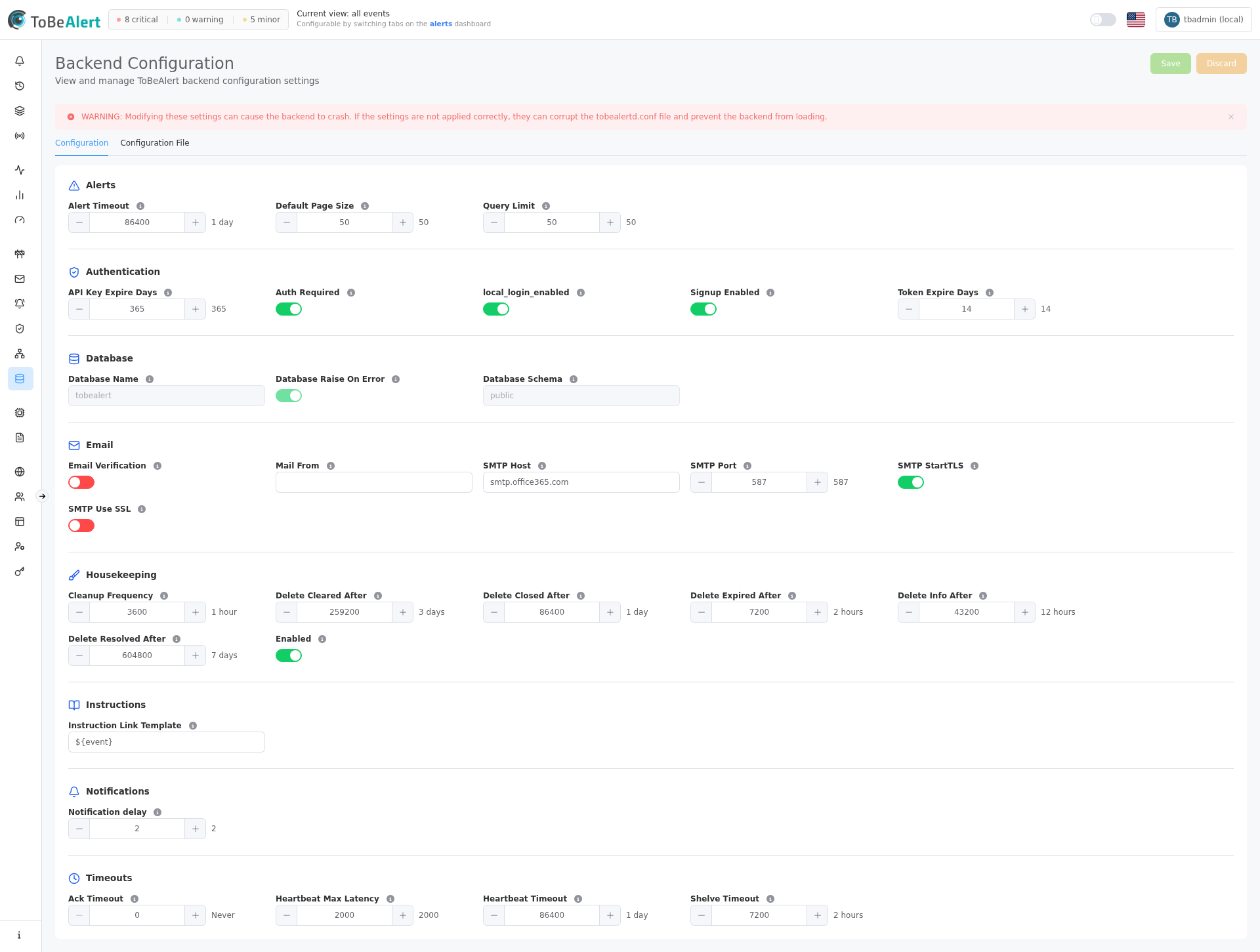 Backend Configuration — all categories on the Configuration tab