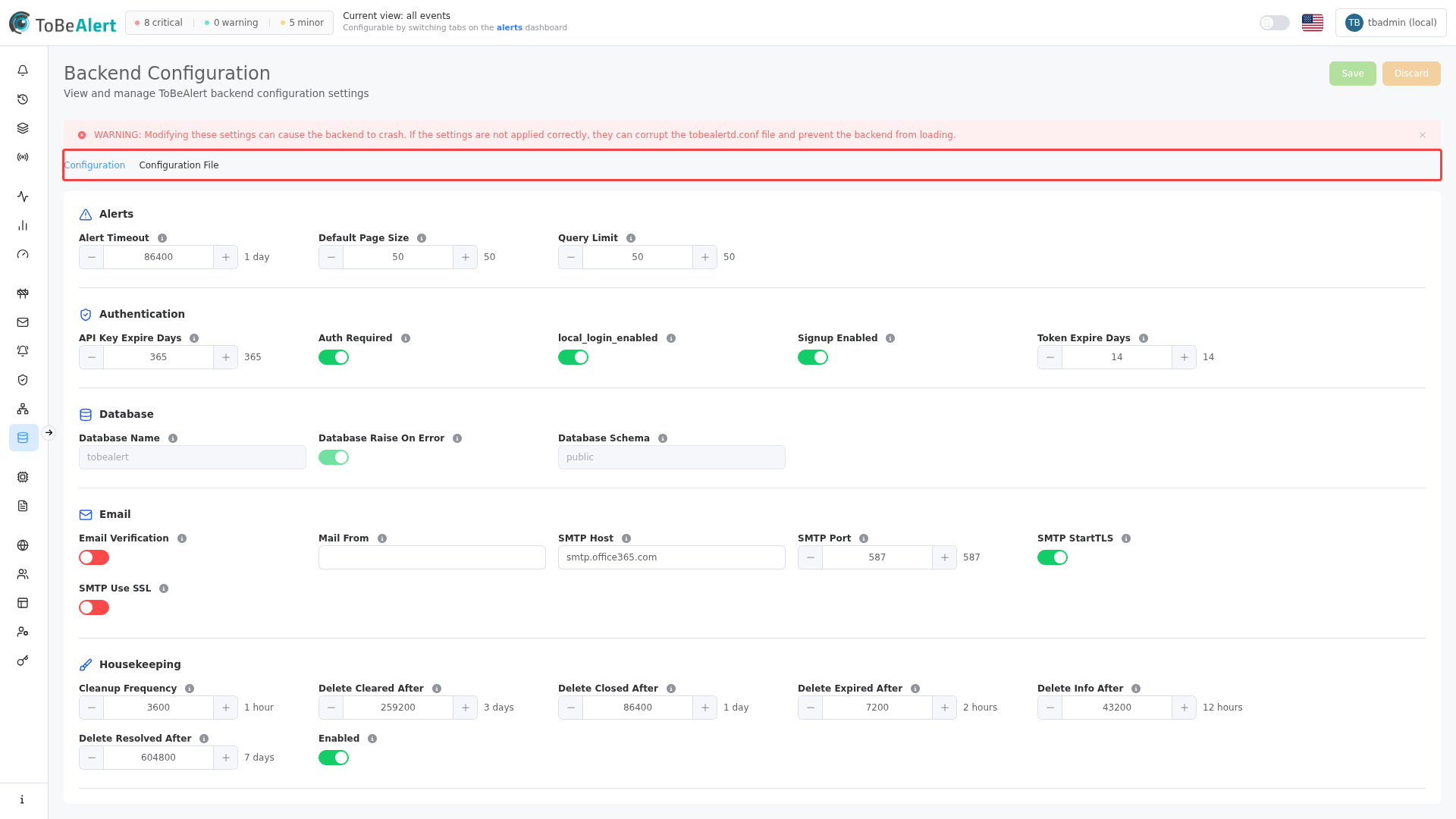Backend Configuration — Configuration and Configuration File tabs