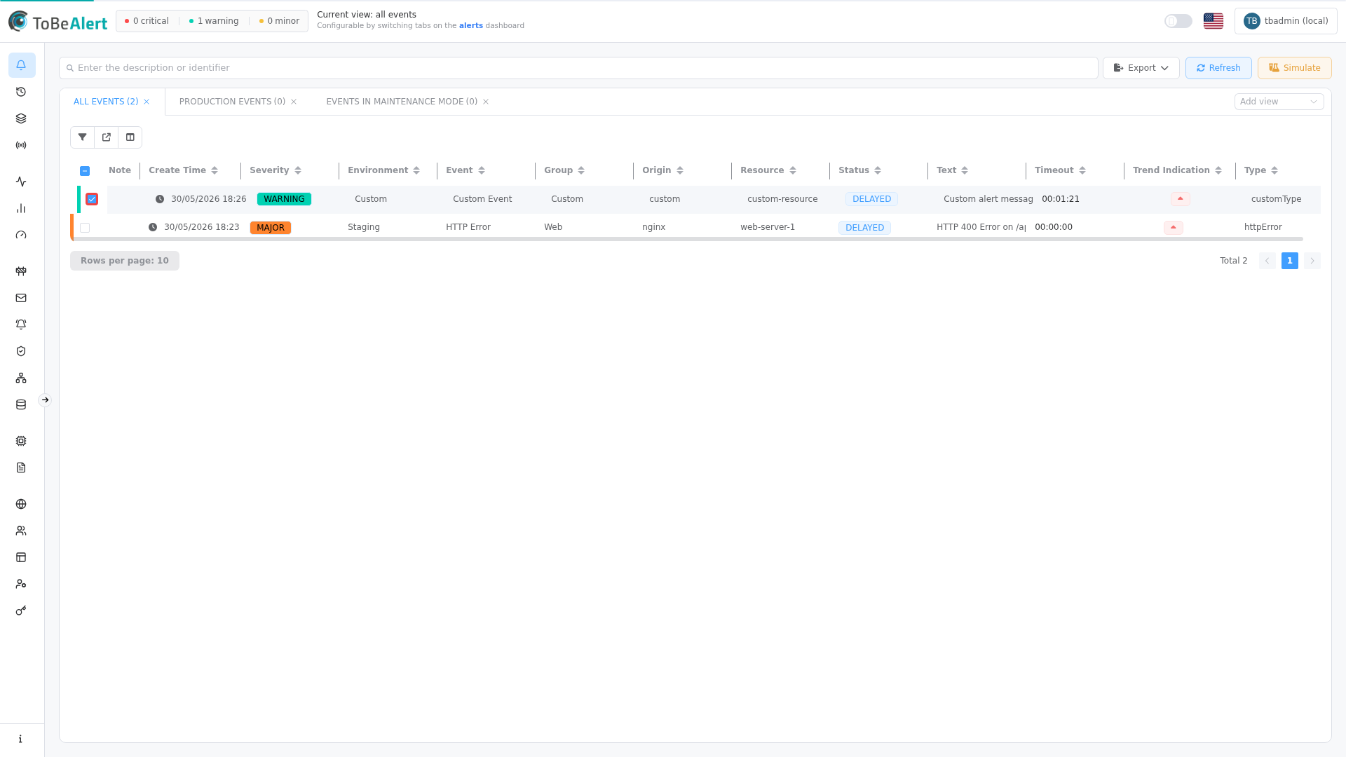 Rows selected — bulk actions dropdown and selection controls