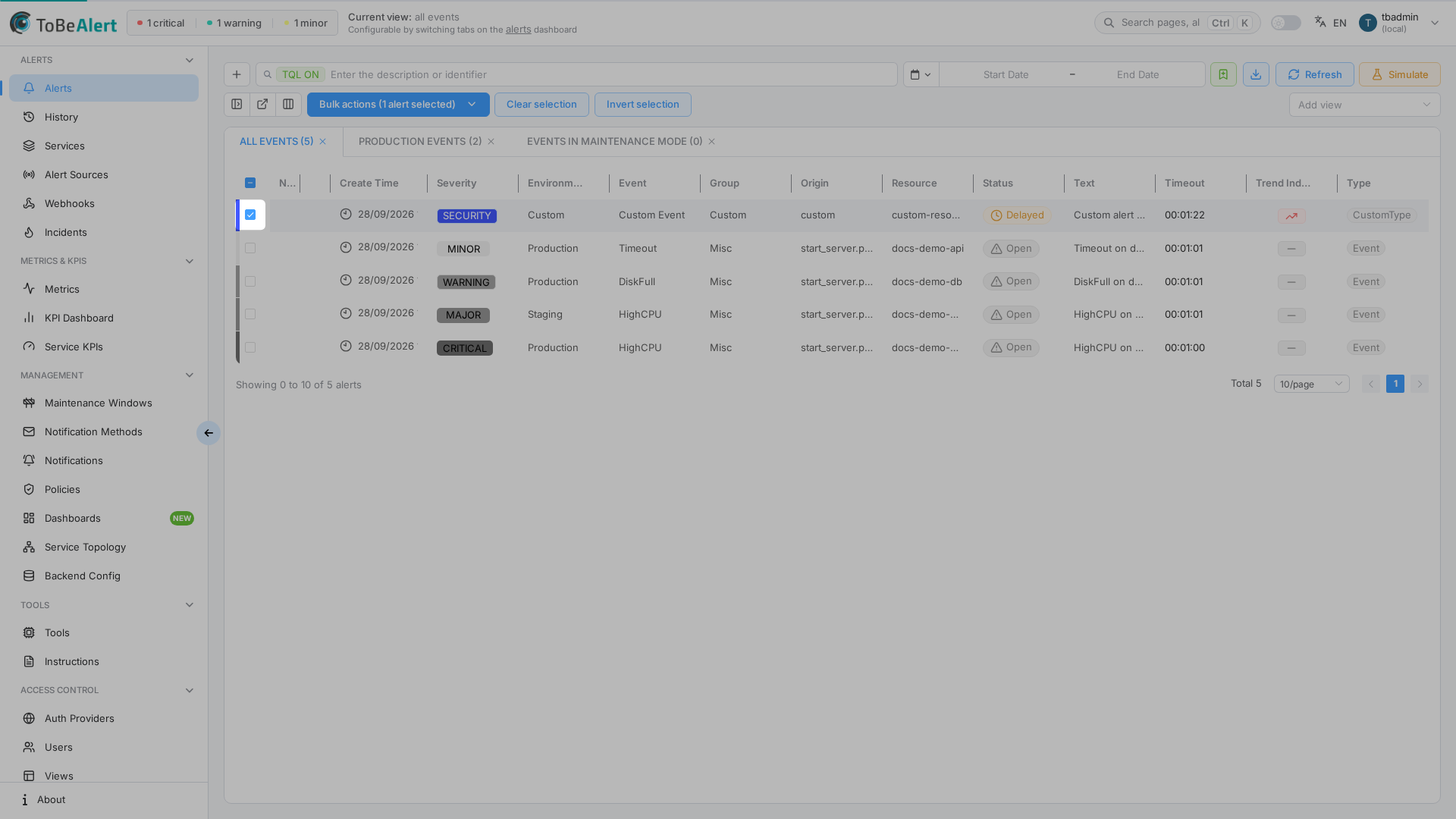 Rows selected — bulk actions dropdown and selection controls