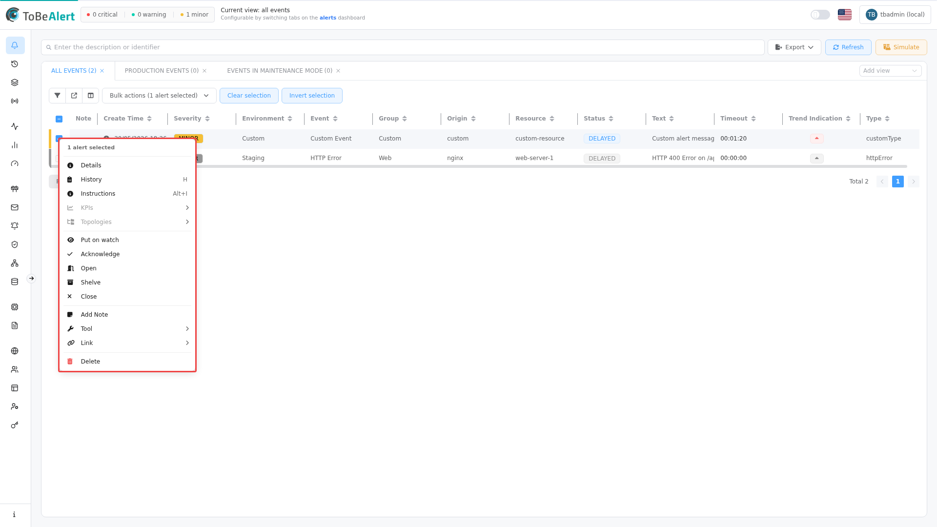 Context menu on an alert row