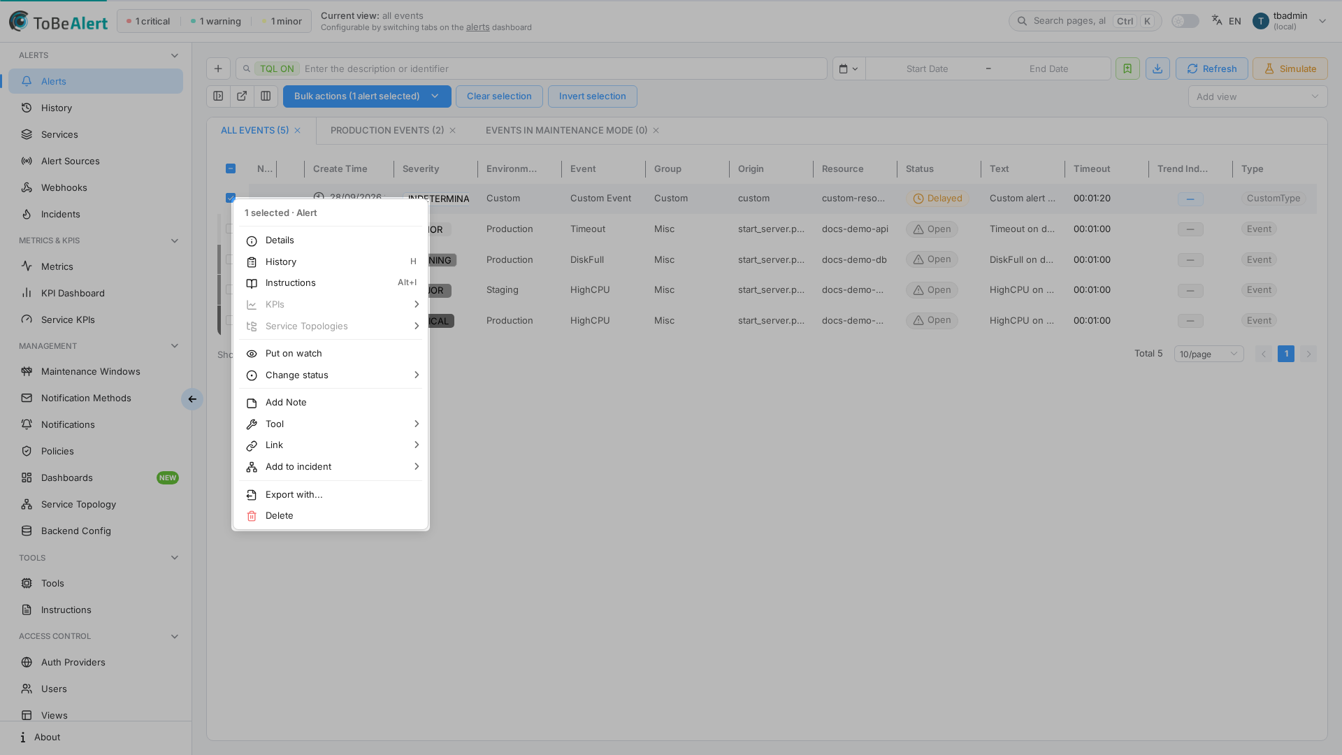 Context menu on an alert row