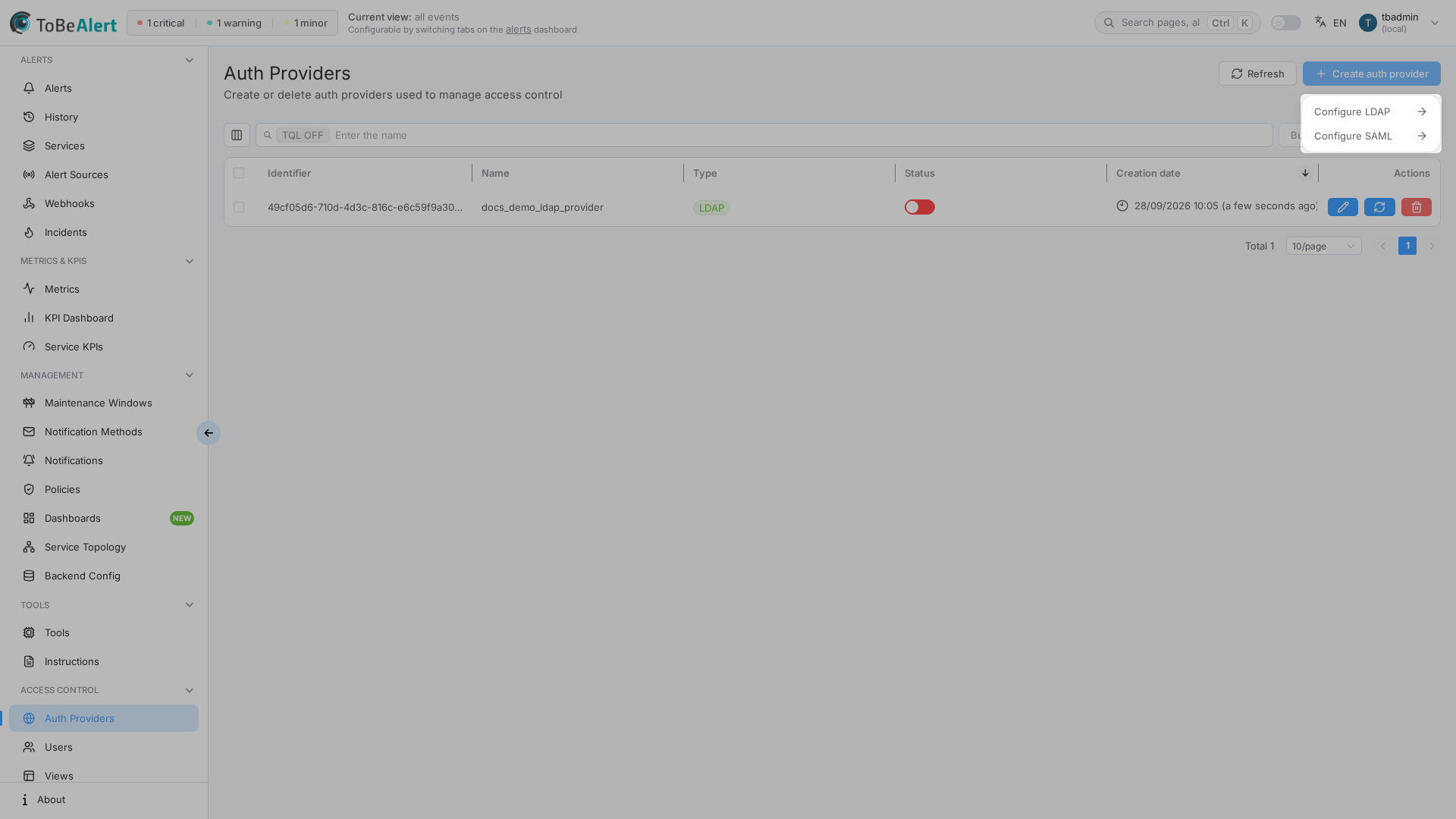Create auth provider — Configure LDAP and Configure SAML