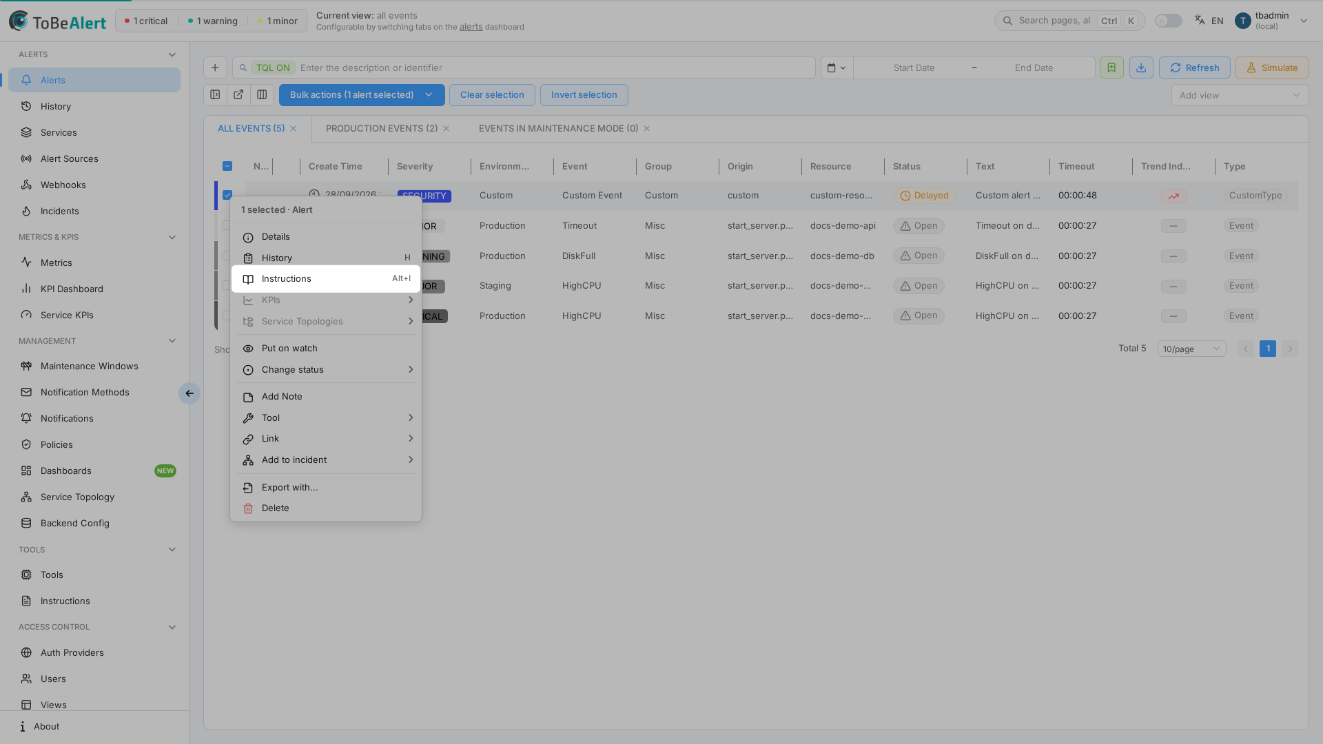 Alerts dashboard — context menu with the Instructions action in focus