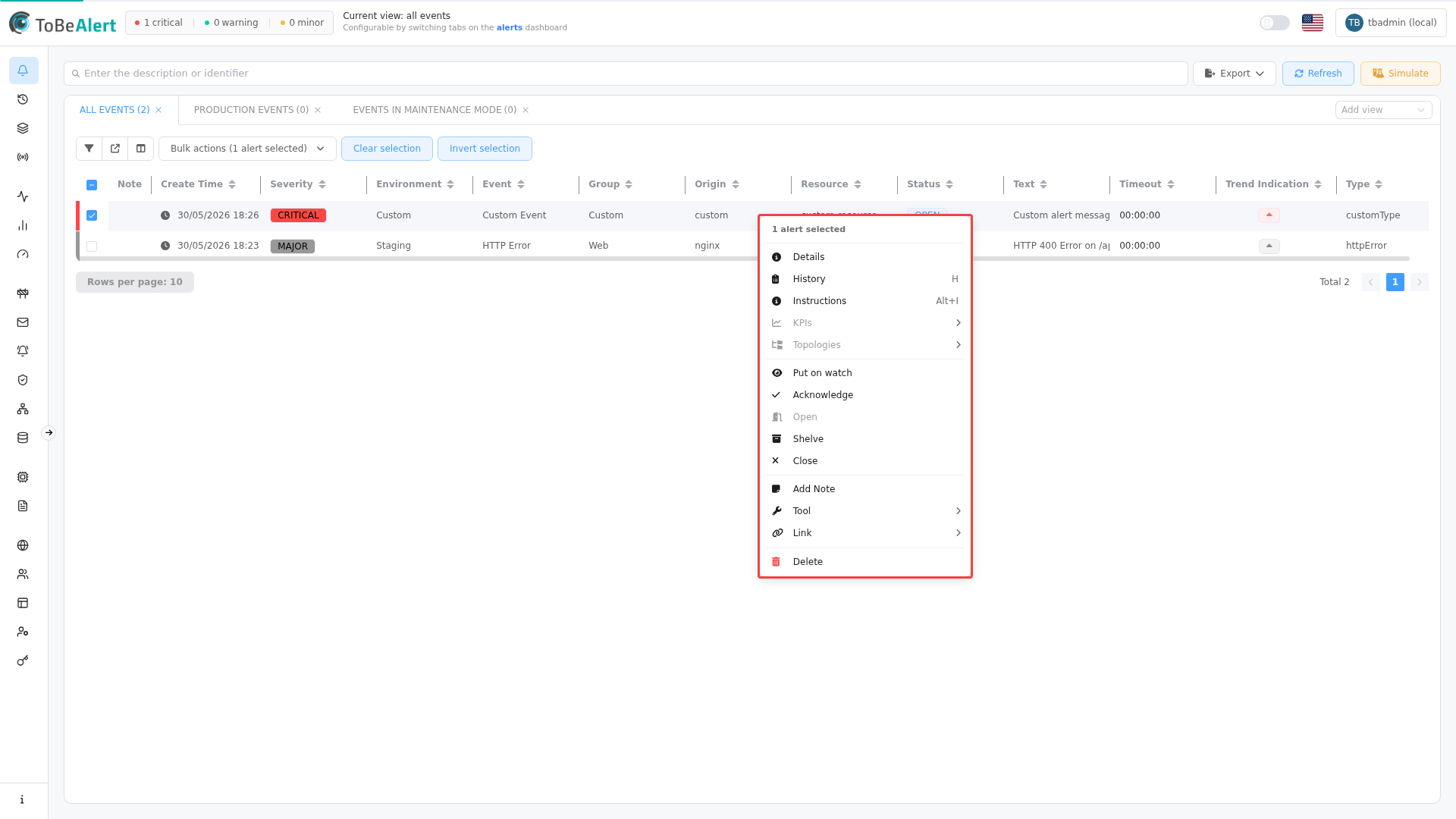 Alerts dashboard — context menu with Instructions highlighted in red