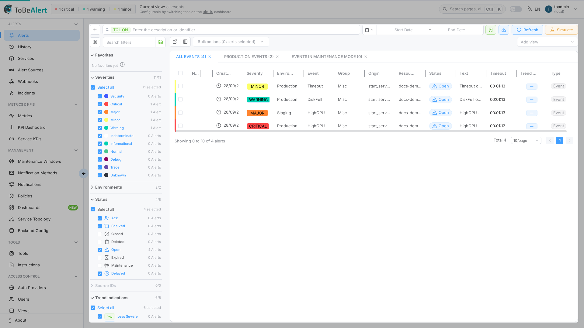 Alerts dashboard — view tabs, filter sidebar, TQL search, and alert table