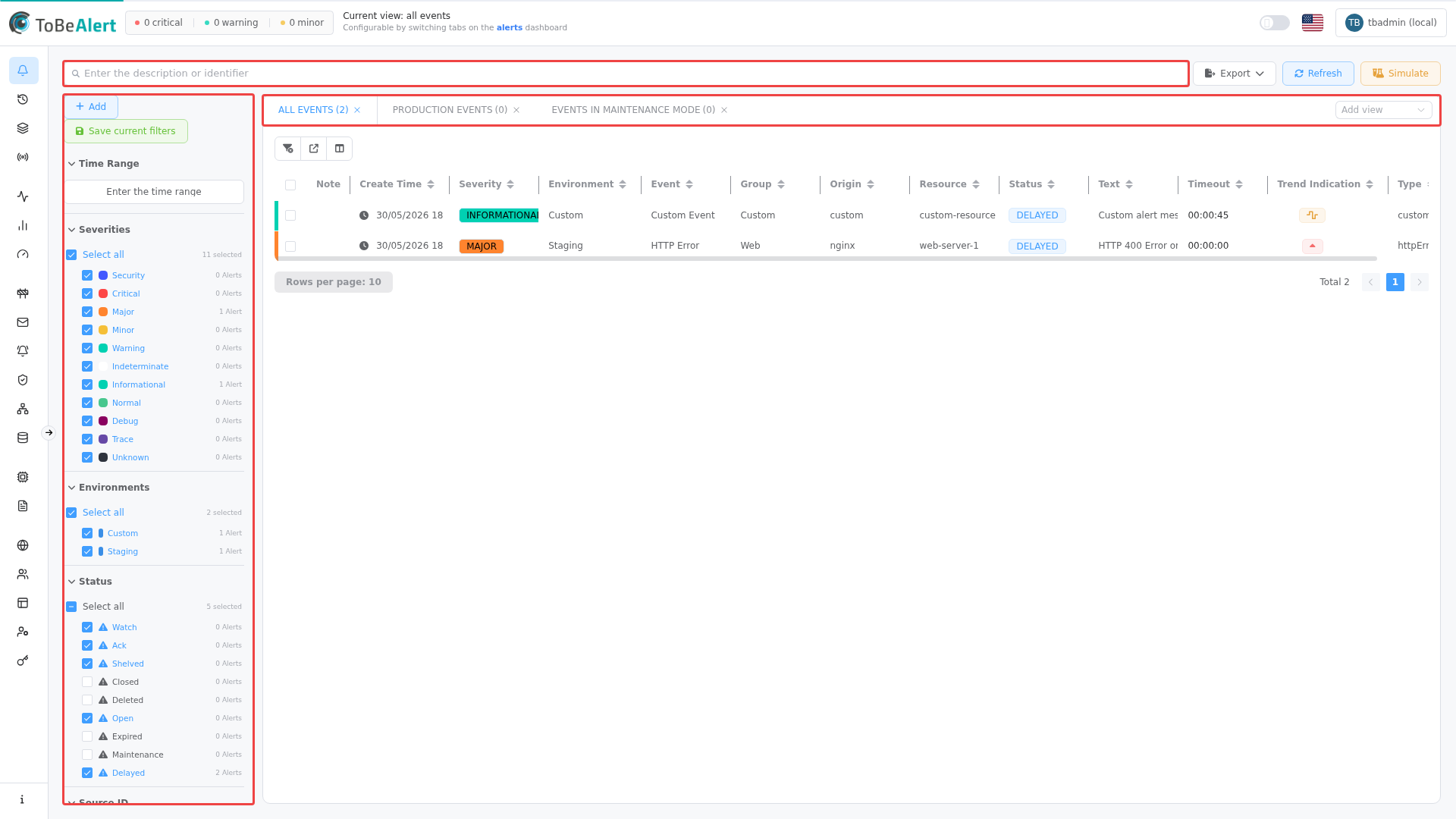 Alerts dashboard — view tabs, filter sidebar, TQL search, and alert table