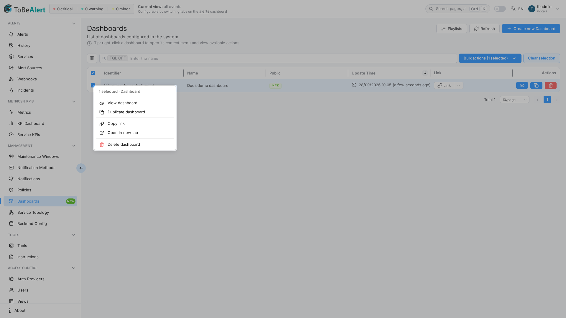 Context menu on a dashboard row