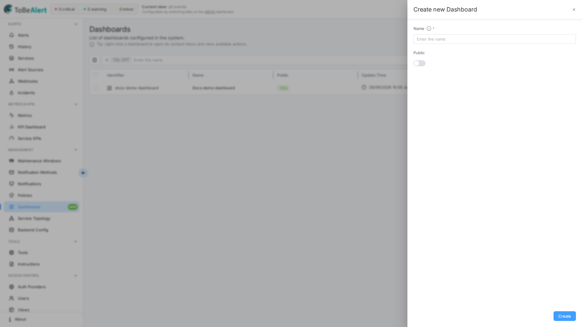 Create new Dashboard drawer