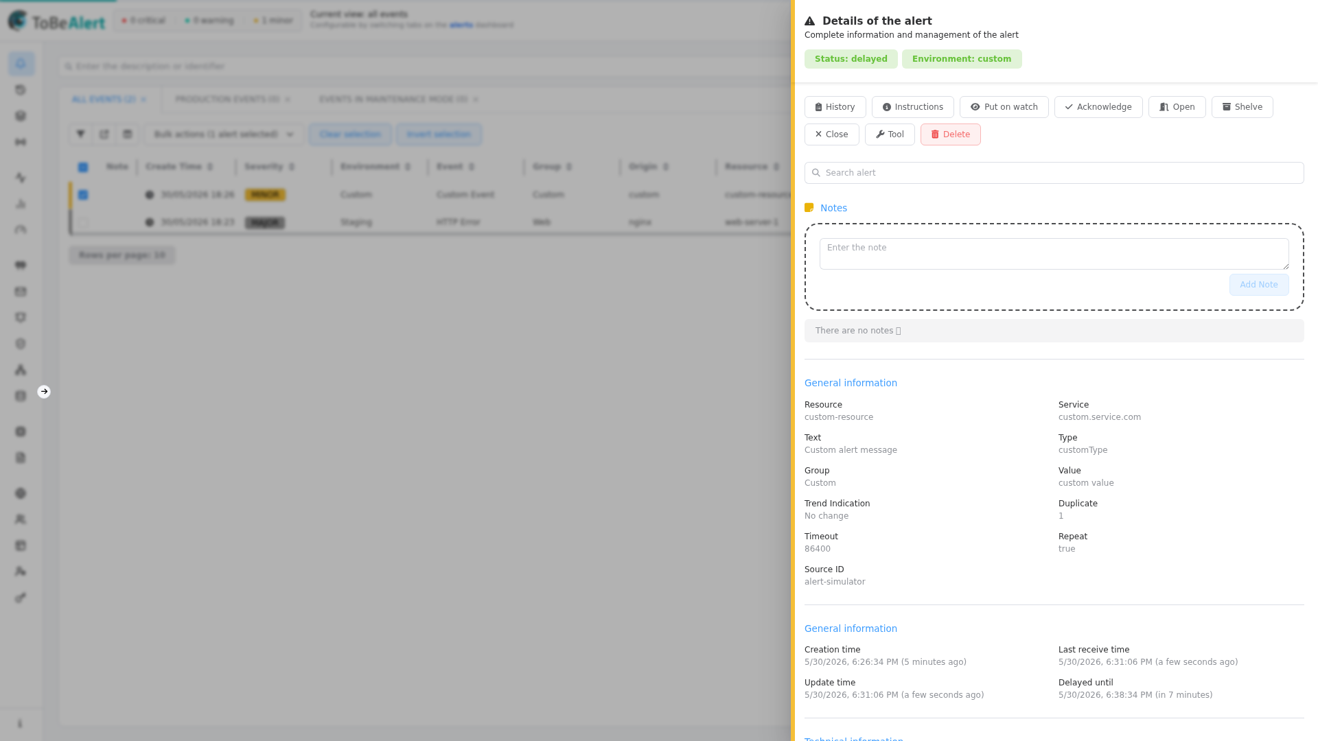 Alert details drawer — header, status, and action buttons
