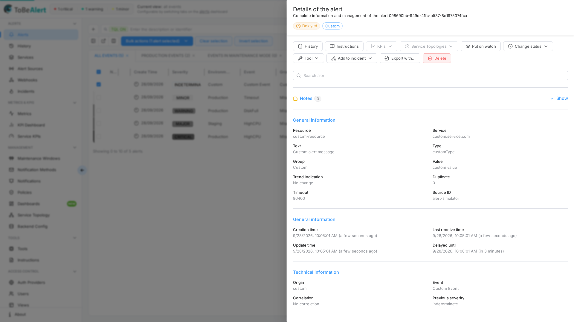 Alert details drawer — header, status, and action buttons