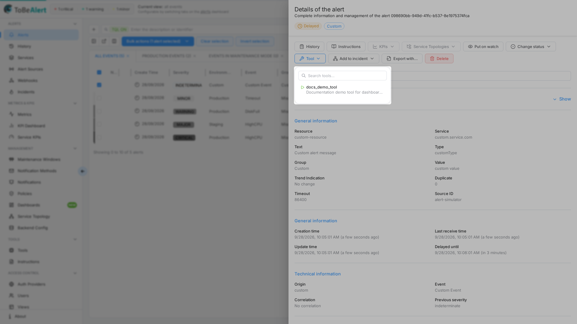 Tool picker popover — search and run tools on this alert