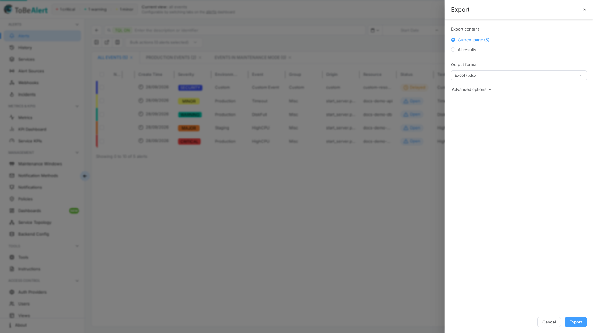Export drawer — scope, output format, and advanced column options