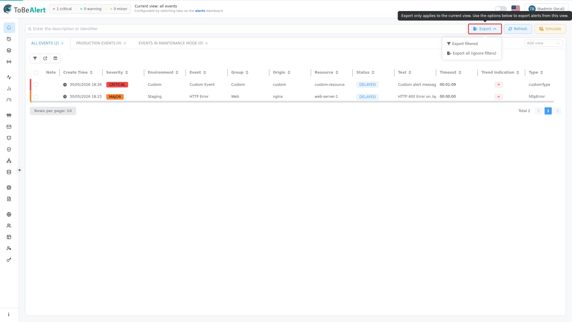 Export dropdown — filtered and all options