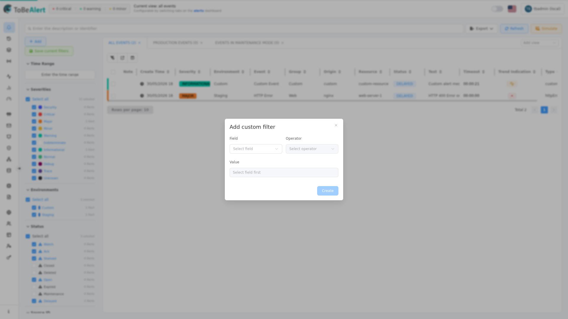 Add custom filter dialog — field, operator, and value