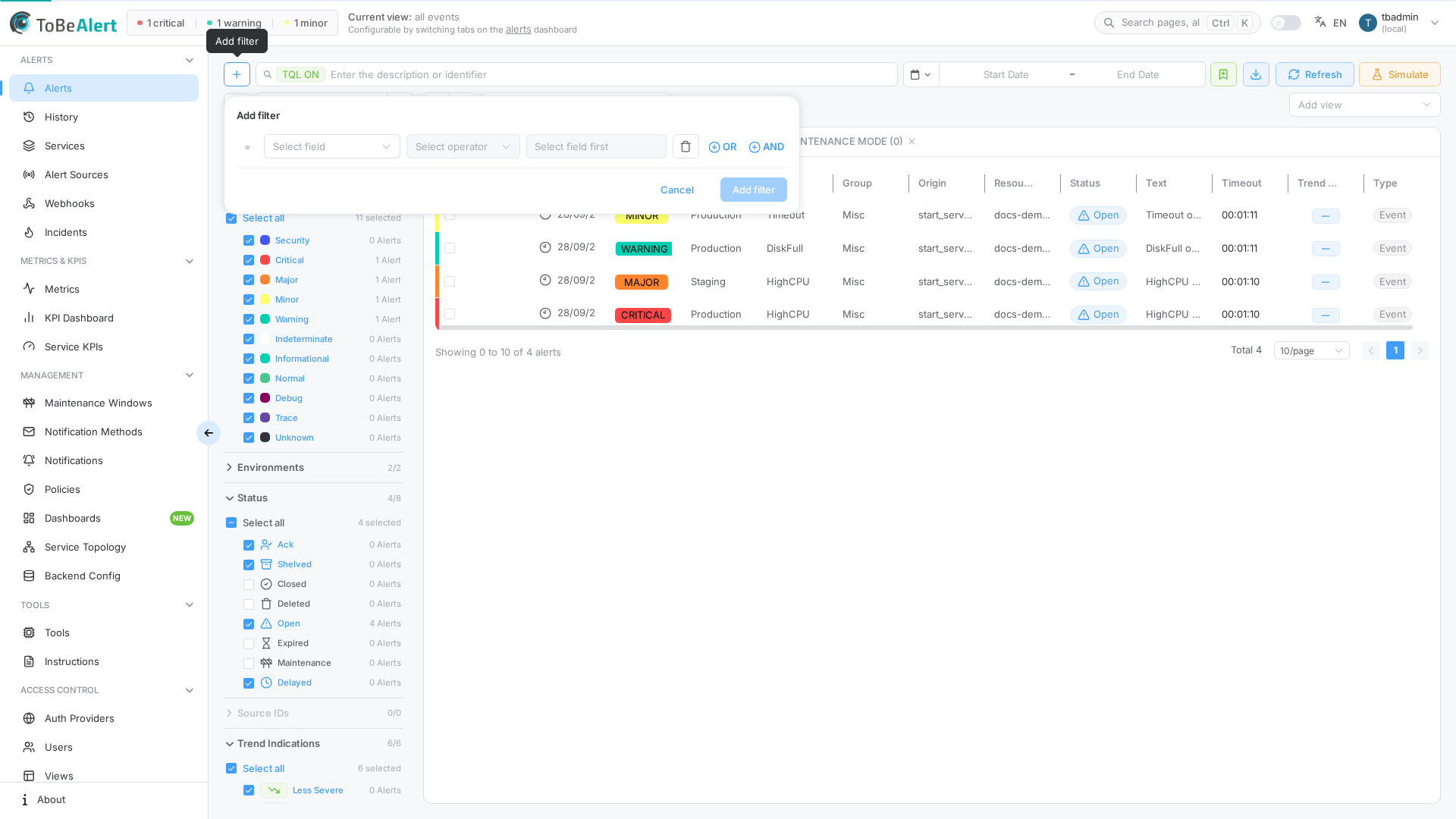 Add custom filter dialog — field, operator, and value