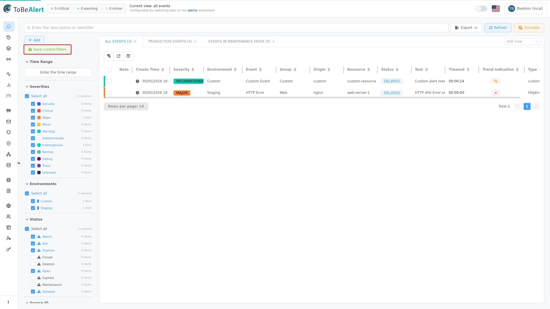 Save current filters button in the sidebar