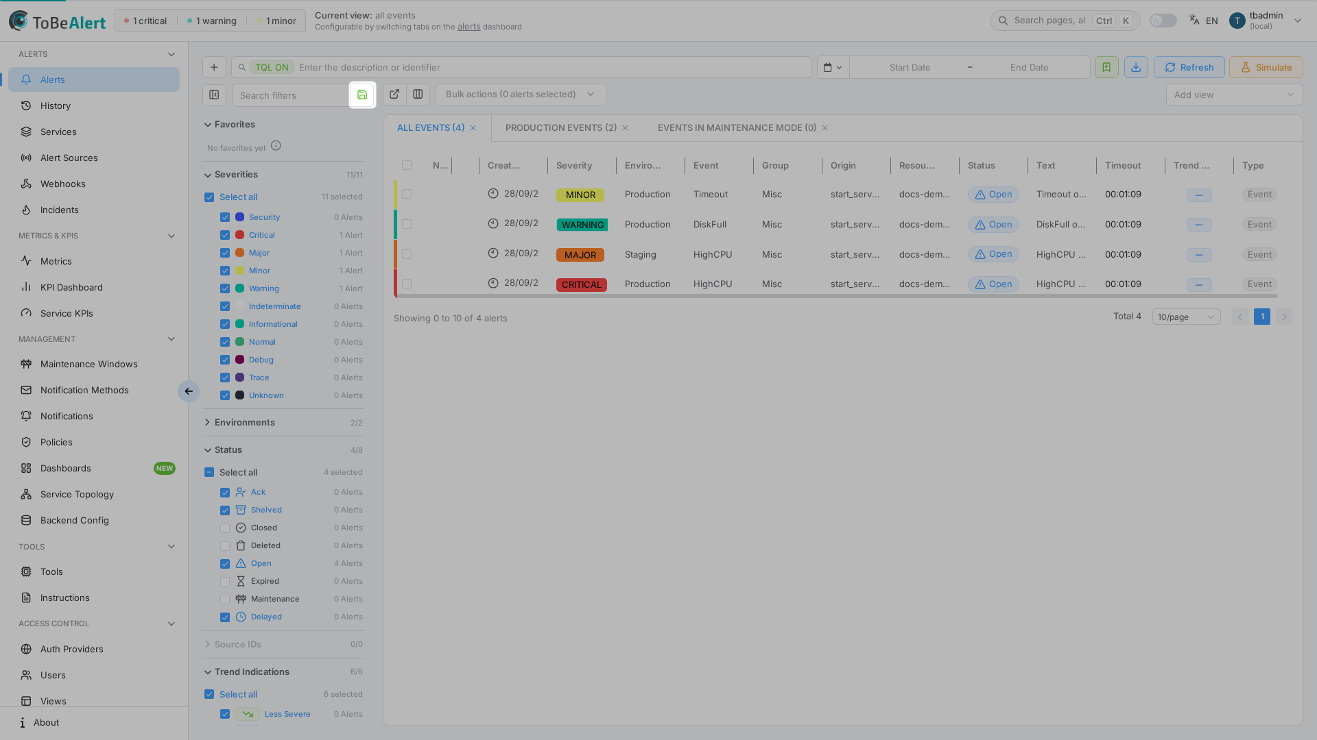 Save current filters button in the sidebar