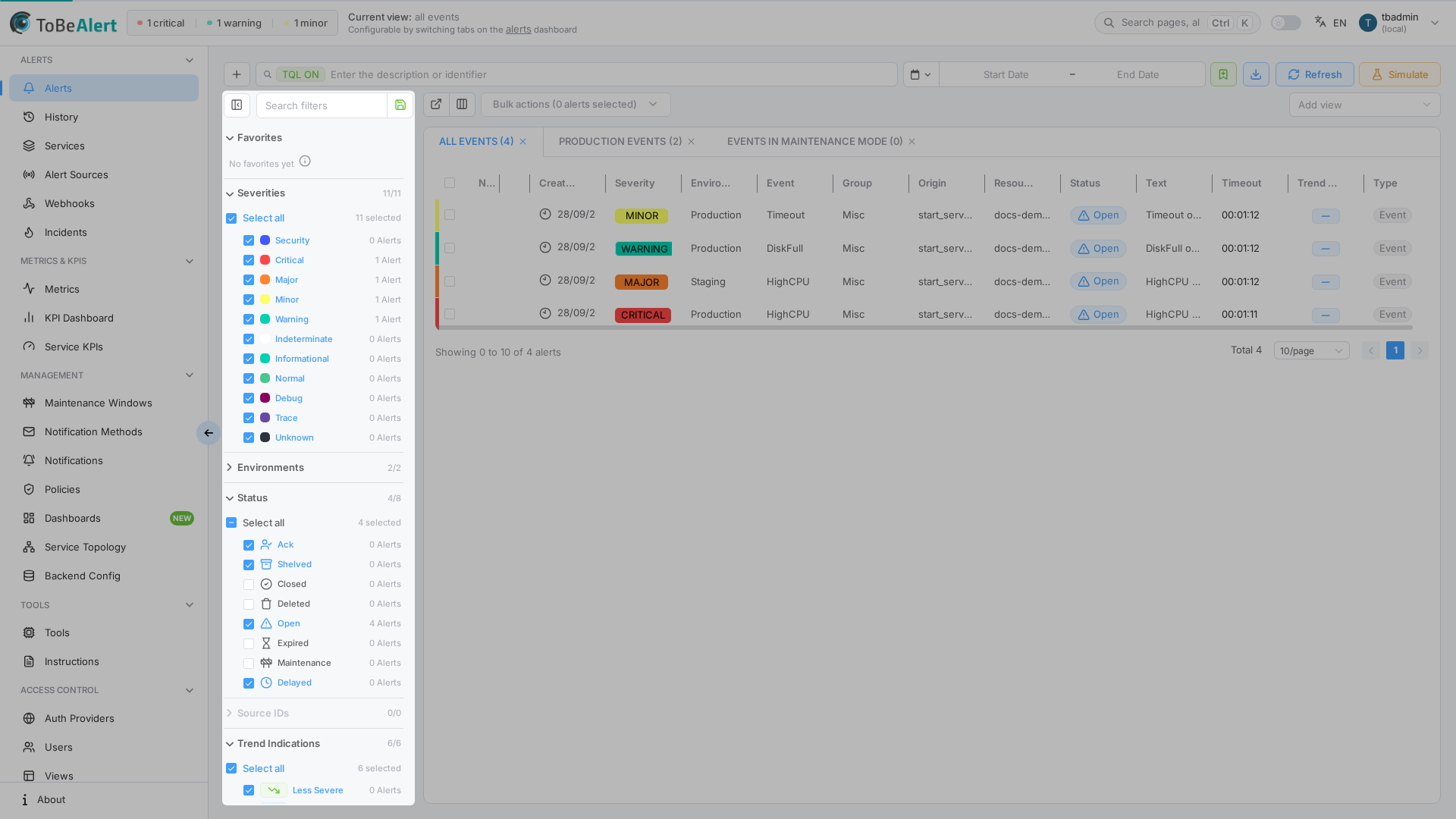 Filter sidebar — severity, environment, status, source, and trend categories