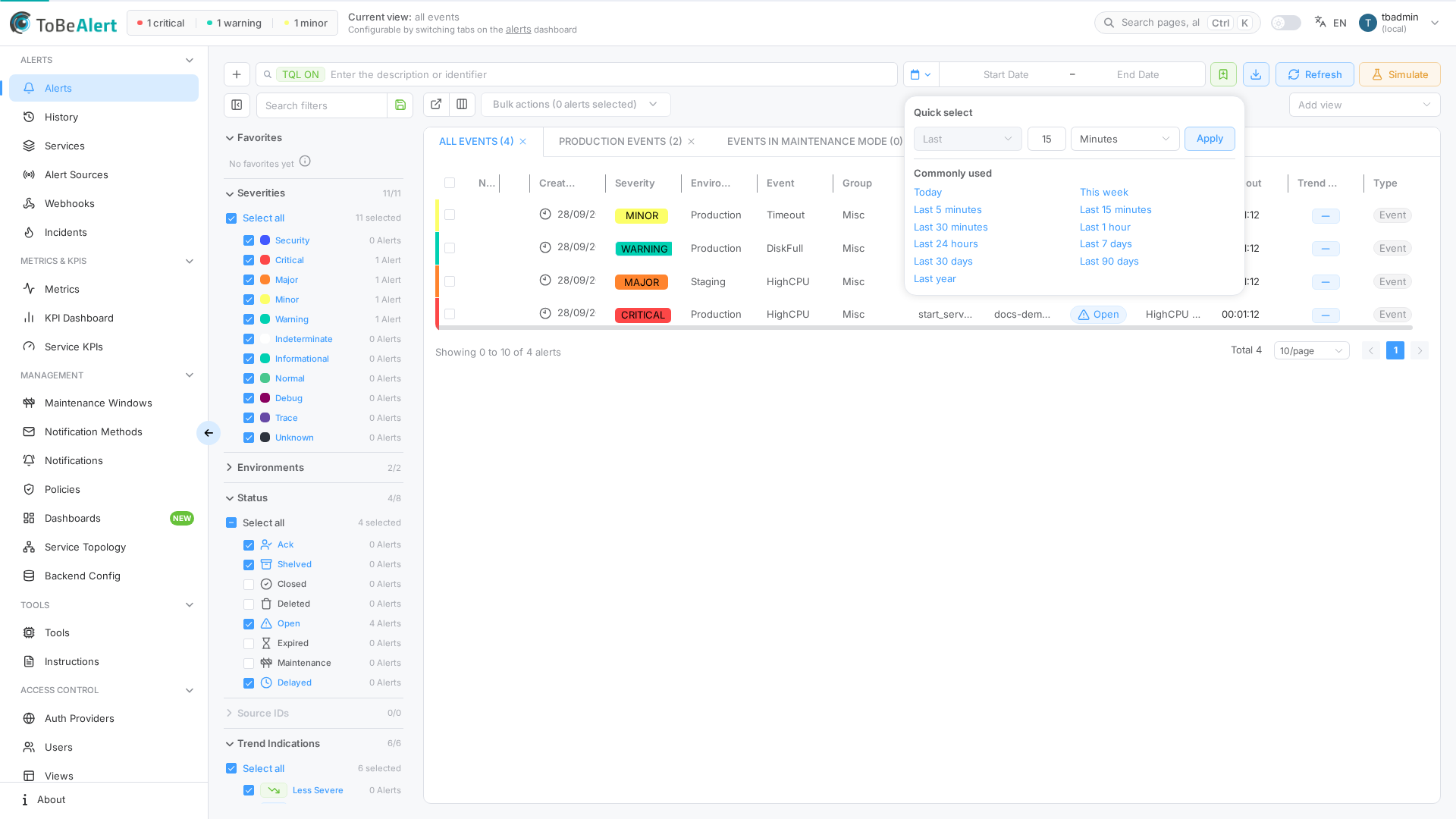 Time range picker — custom dates and quick presets
