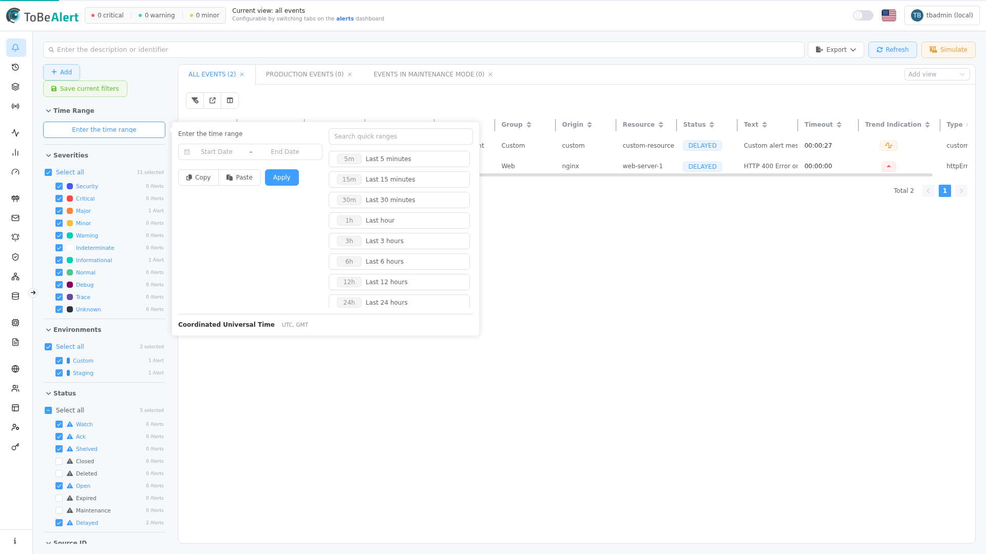 Time range picker — custom dates and quick presets