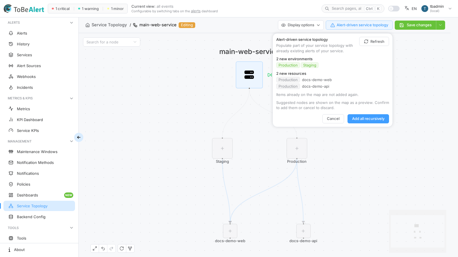 Alert-driven — suggested nodes from main-web-service alerts