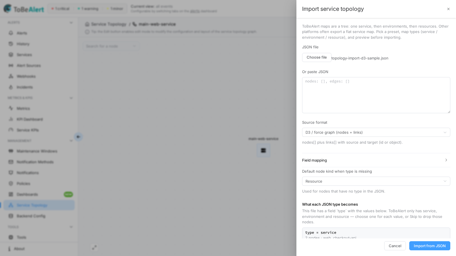 Import from JSON drawer with source types mapped