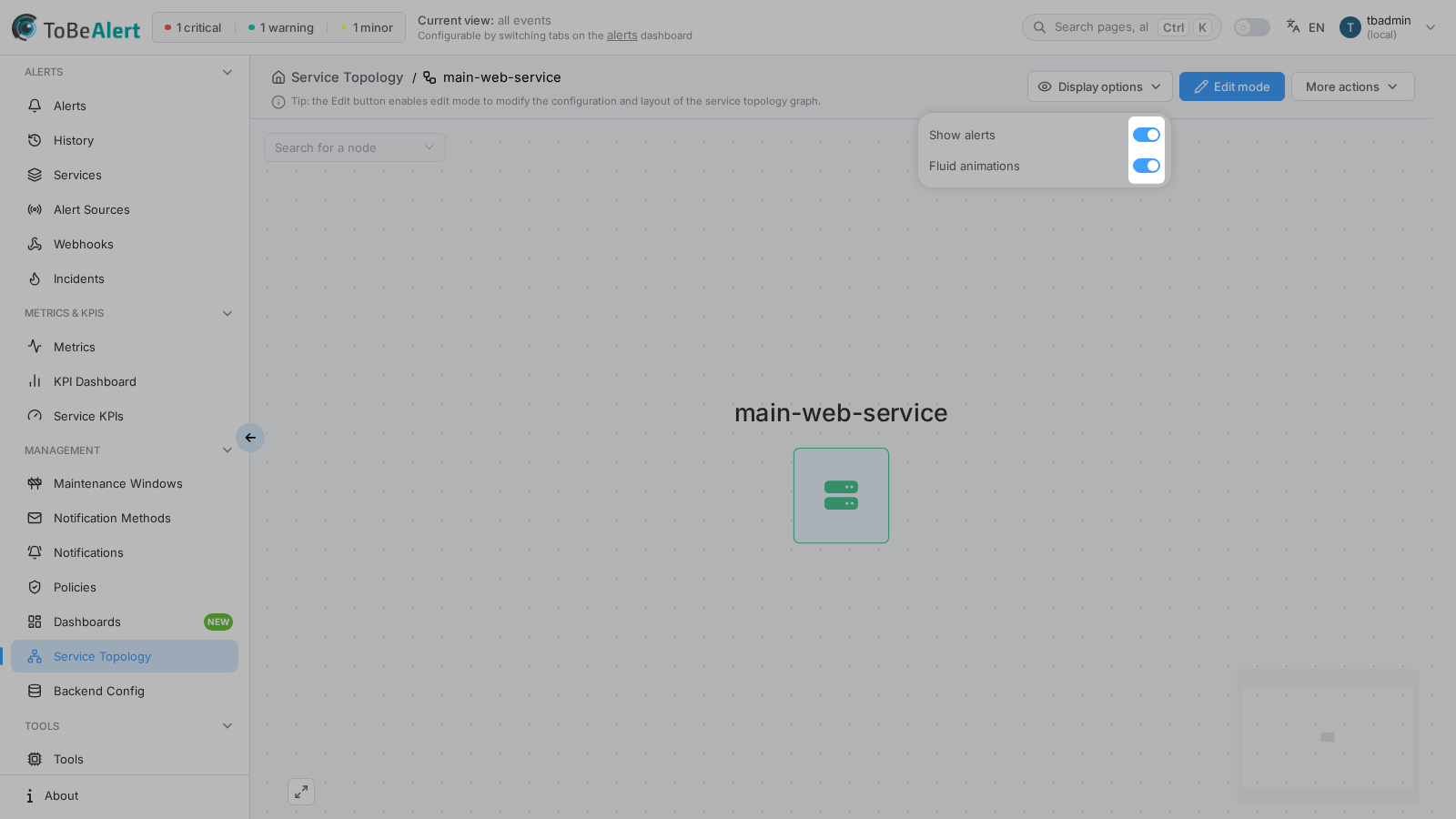 Graph editor overview — main-web-service with alerts and animations