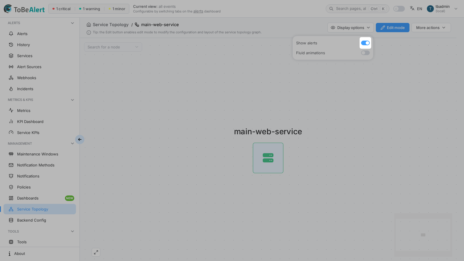 Show alerts — severity colors on nodes and edges