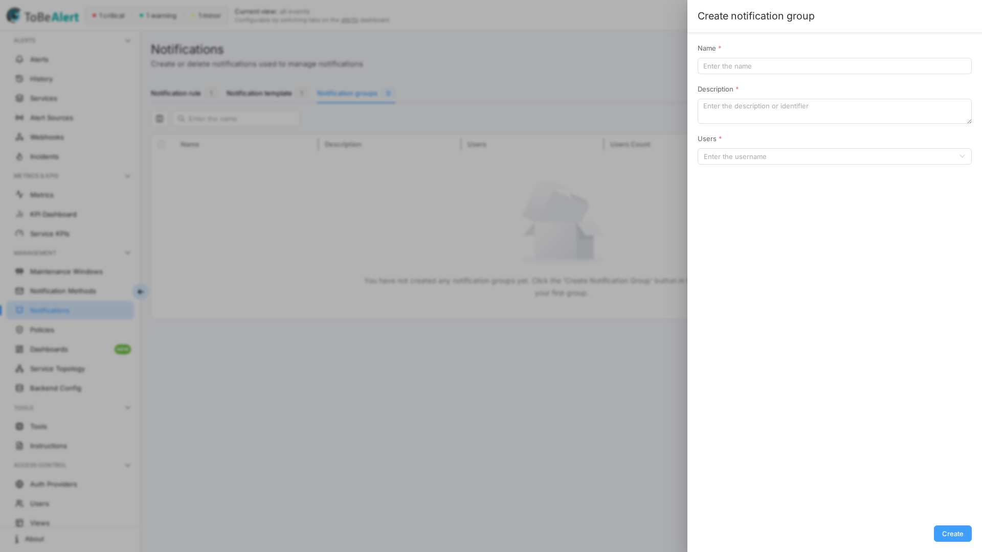 Create notification group — drawer form