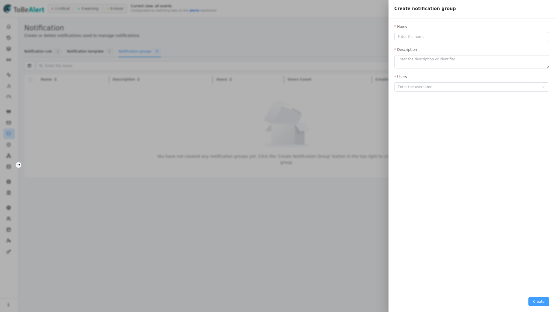 Create notification group — drawer form