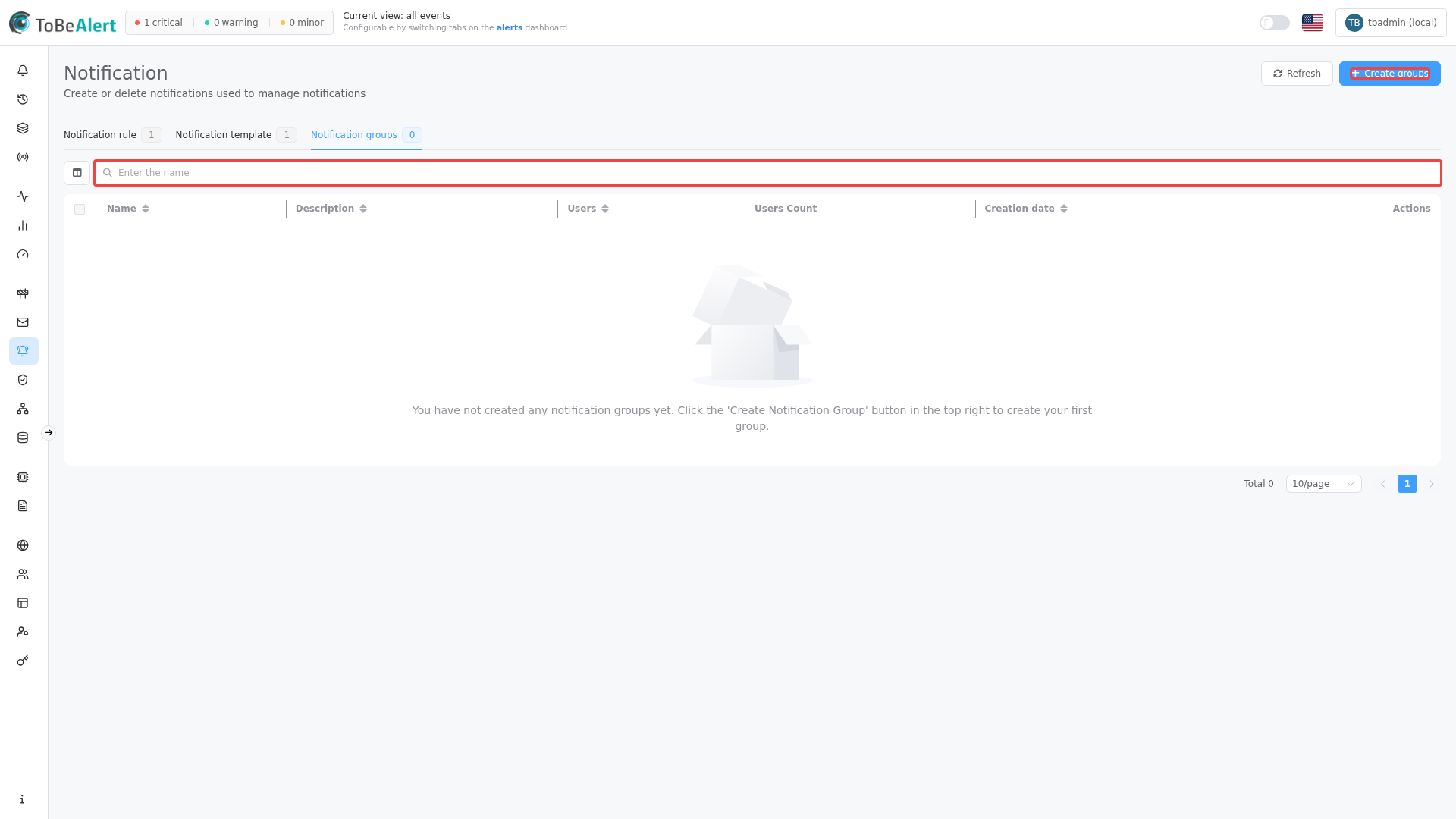 Notification groups list — Create groups and Groups tab