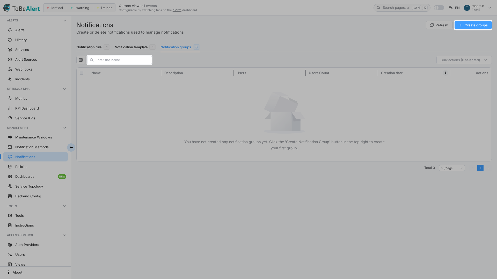 Notification groups list — Create groups and Groups tab