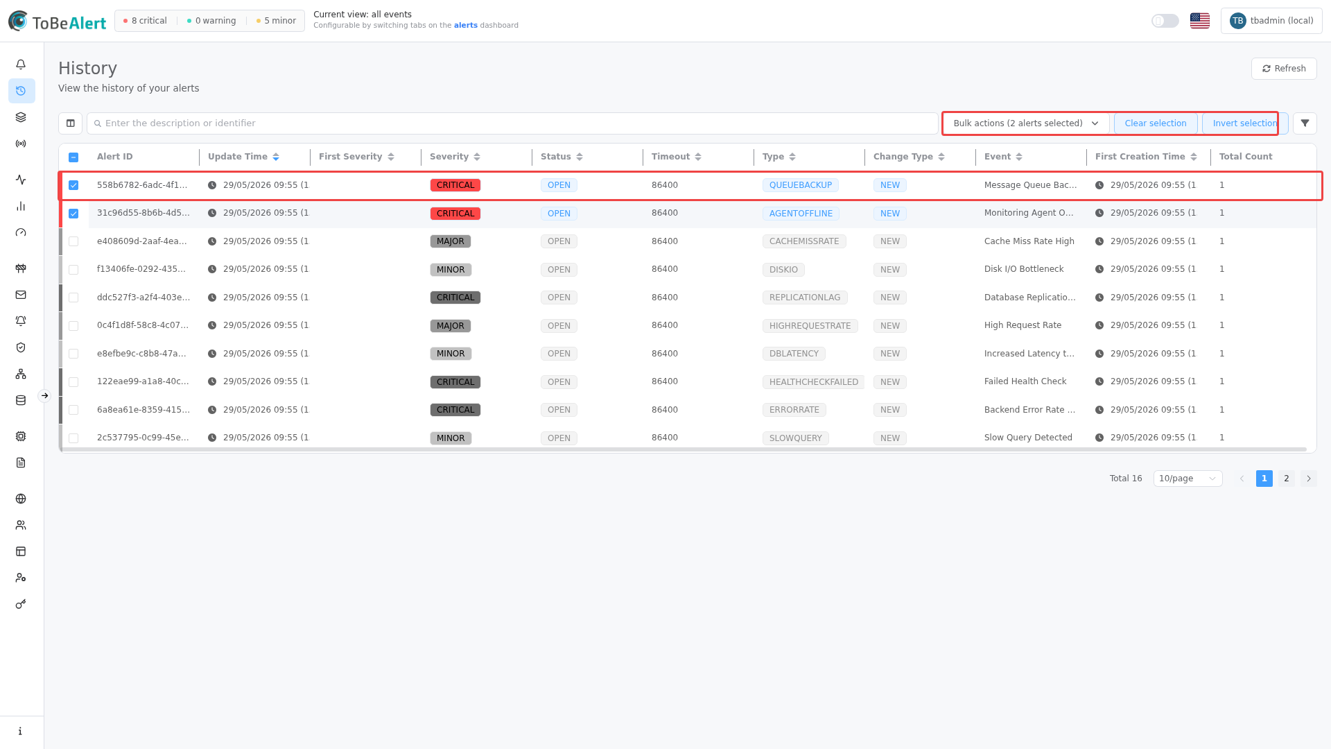 History list — rows selected with bulk actions toolbar