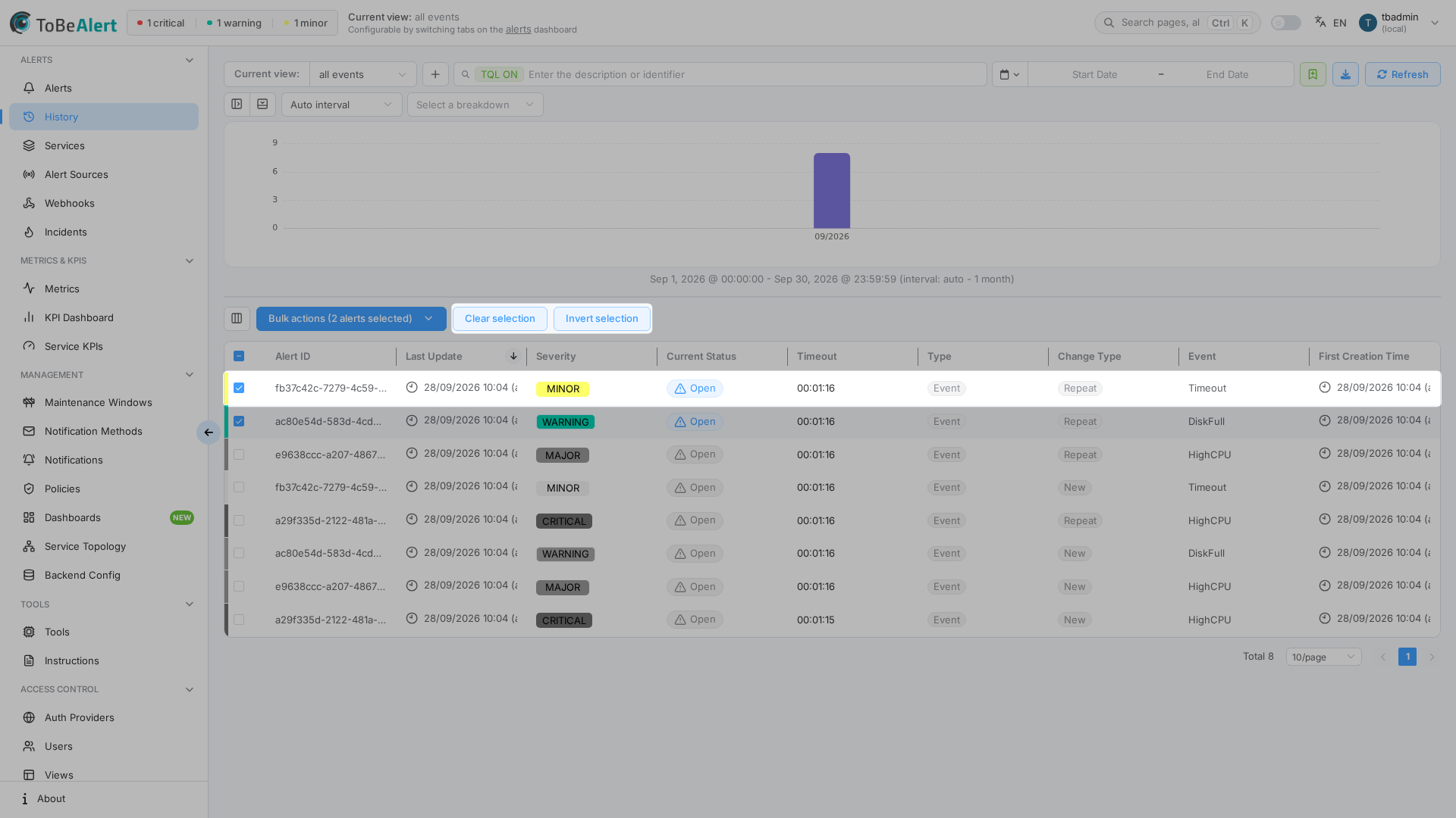 History list — rows selected with bulk actions toolbar