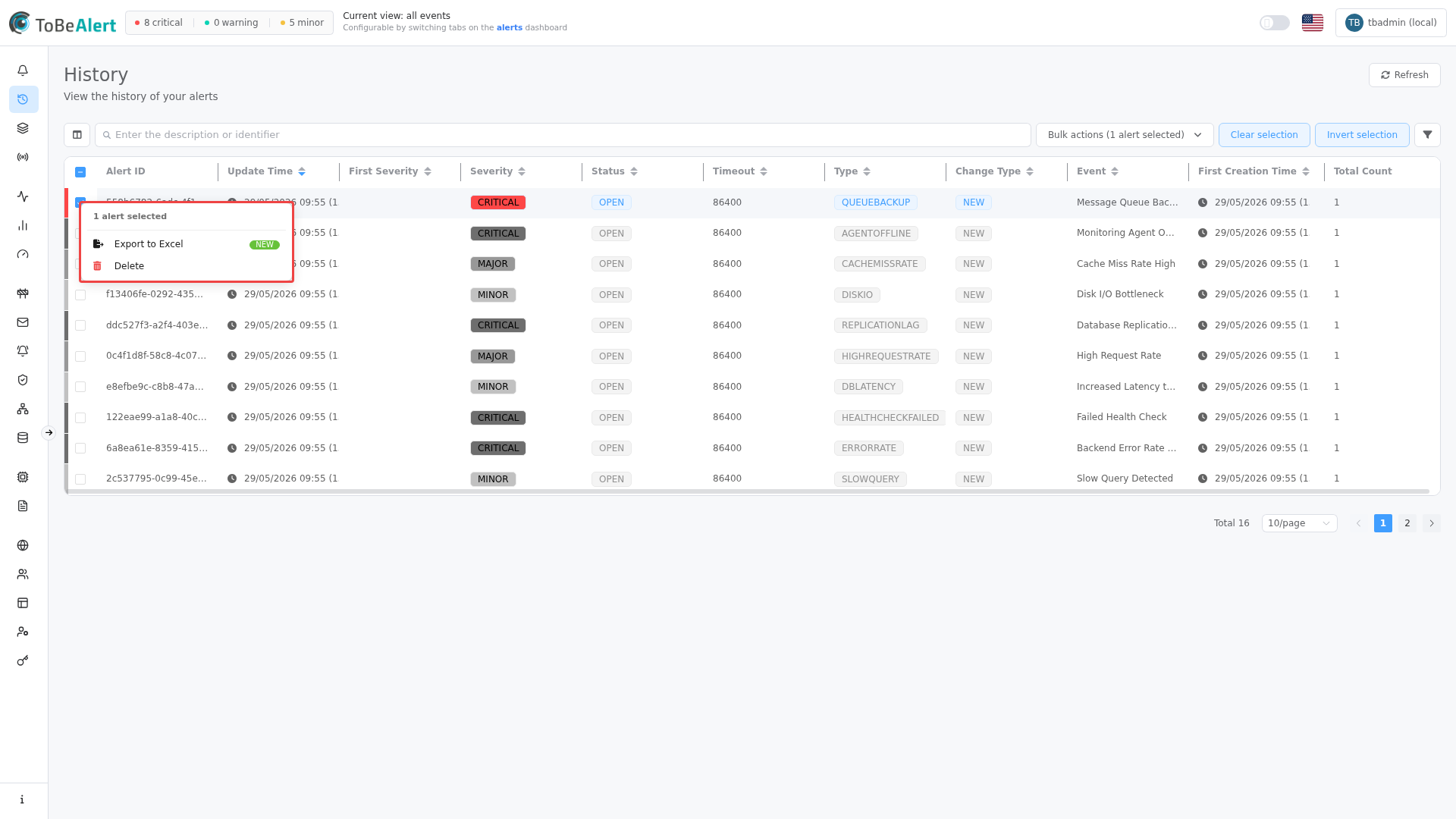 History list — context menu on selected rows