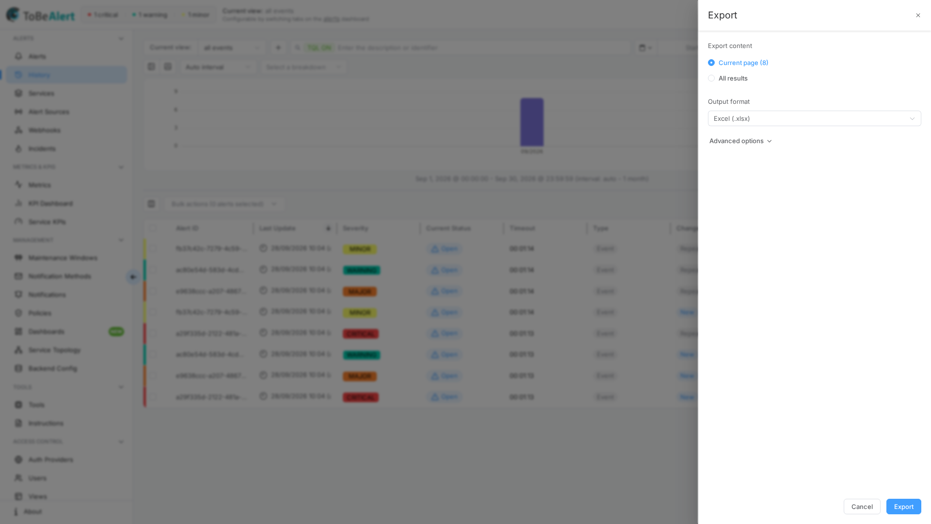 Export dialog — scope, format, and advanced options