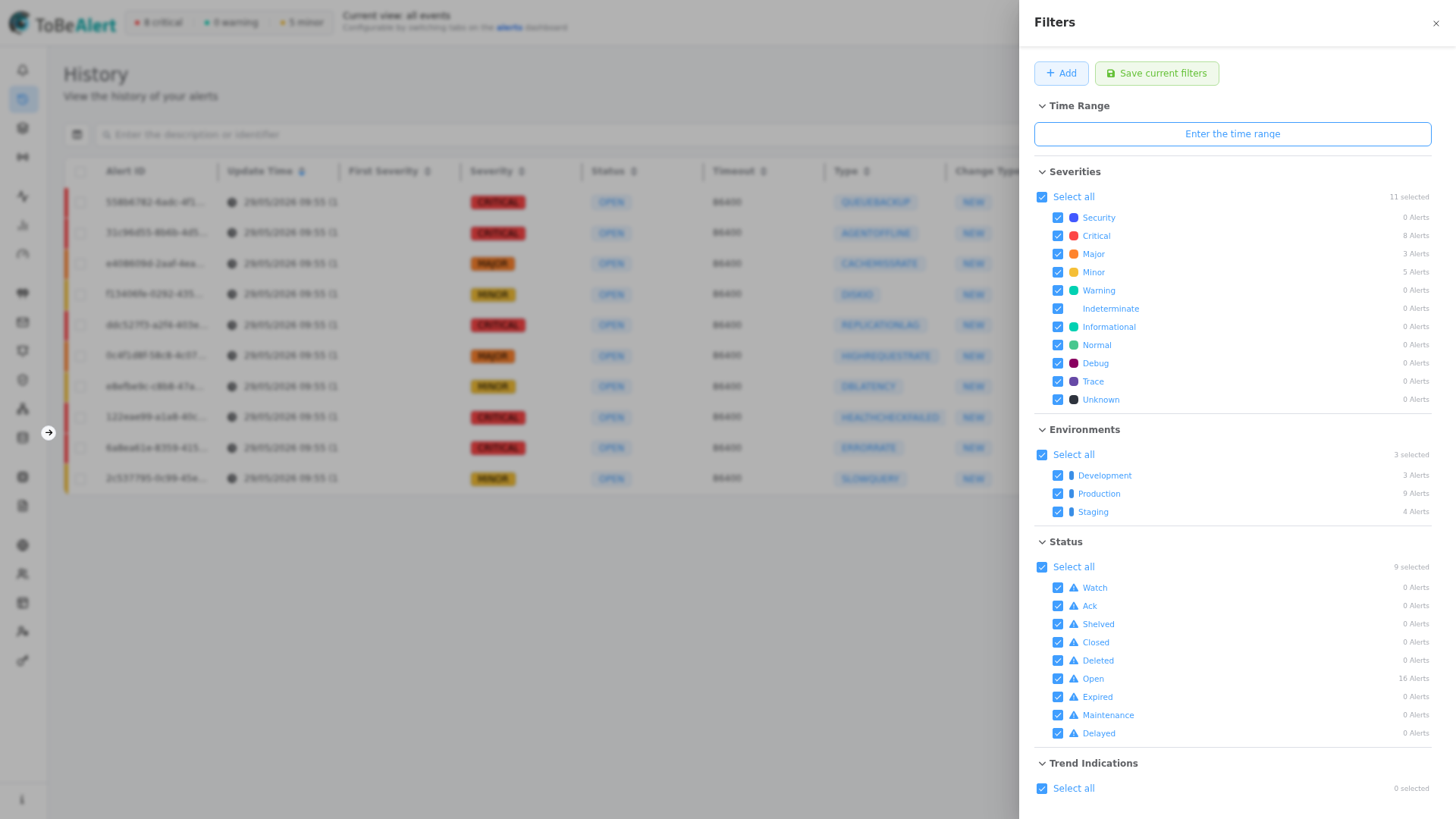 History filters sidebar — severity, environment, status, and trend categories