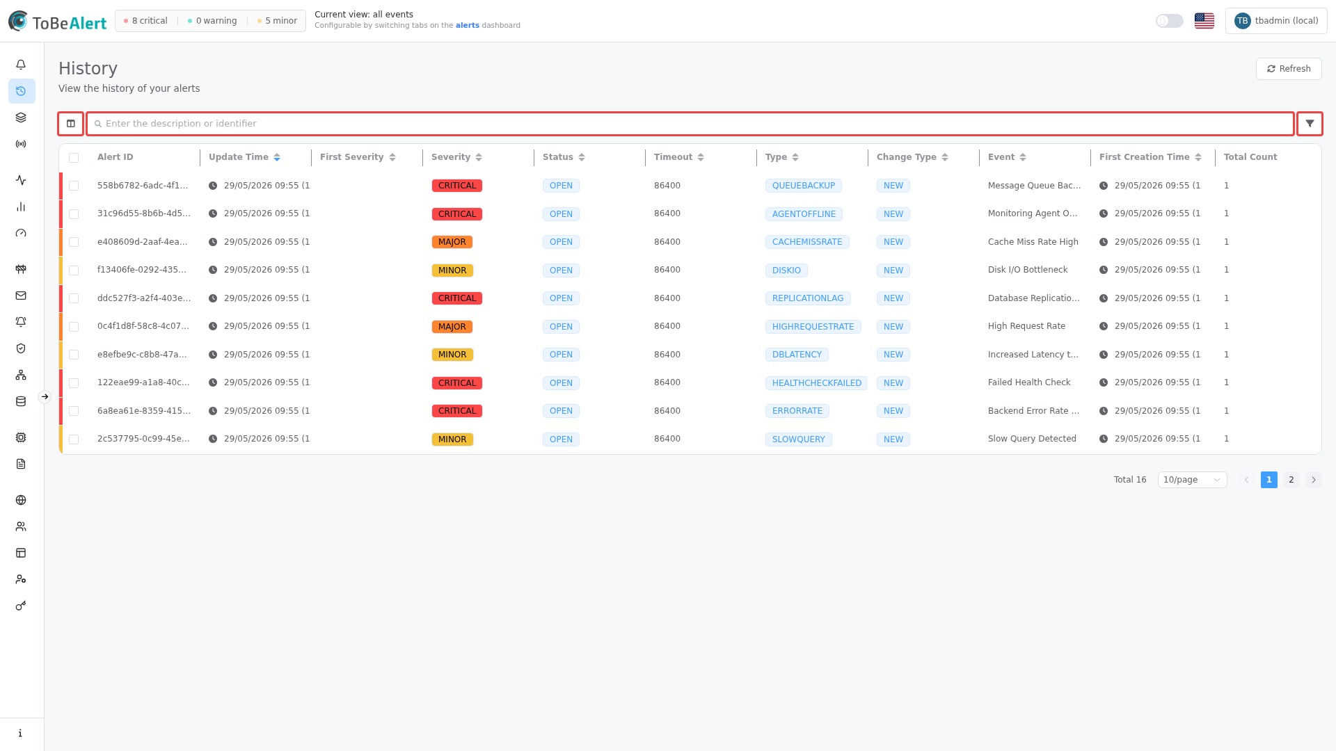 History list — chart, TQL search, filters sidebar, and table toolbar