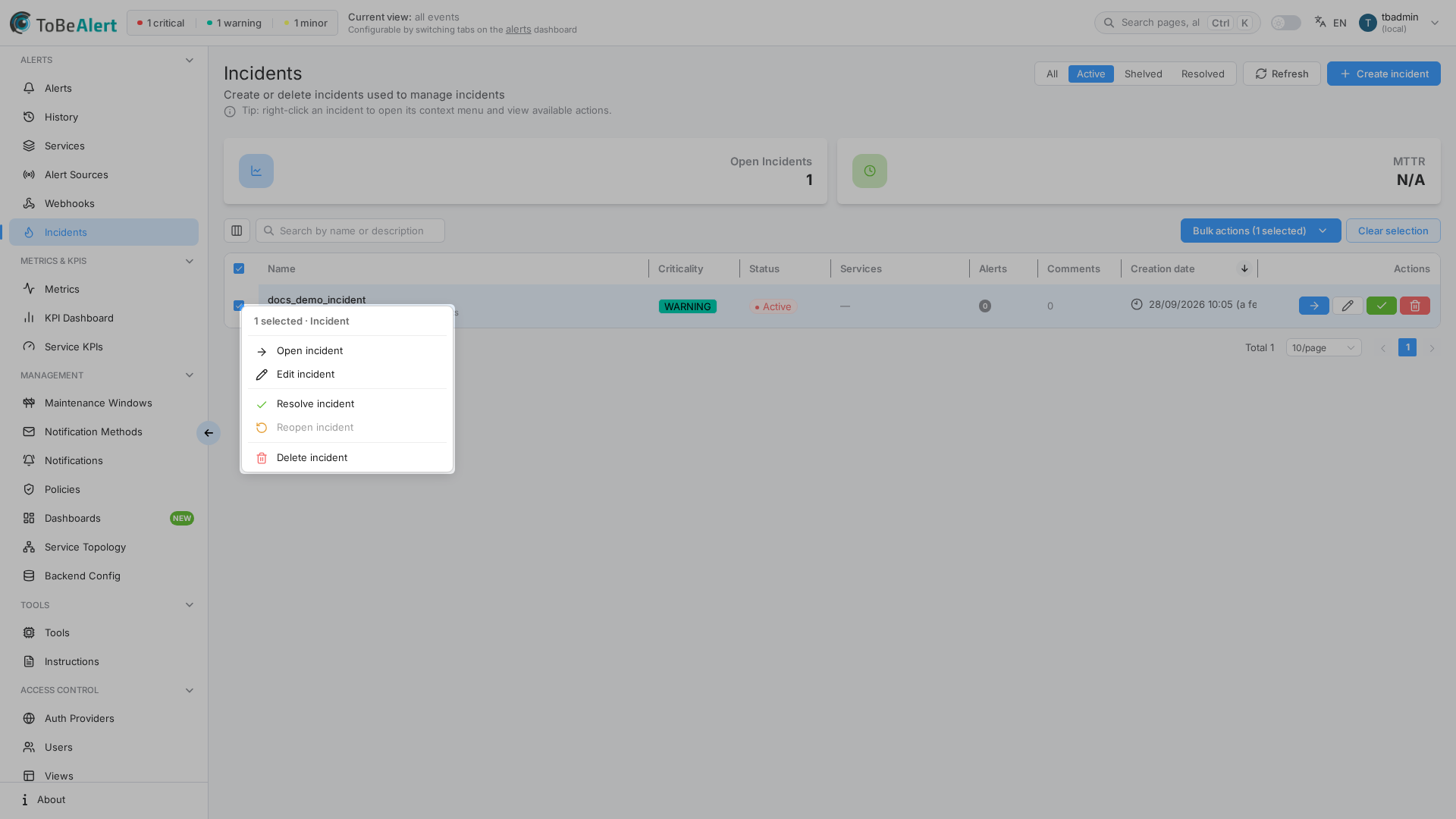 Incident row context menu — Open, Edit, Resolve, Reopen, Delete